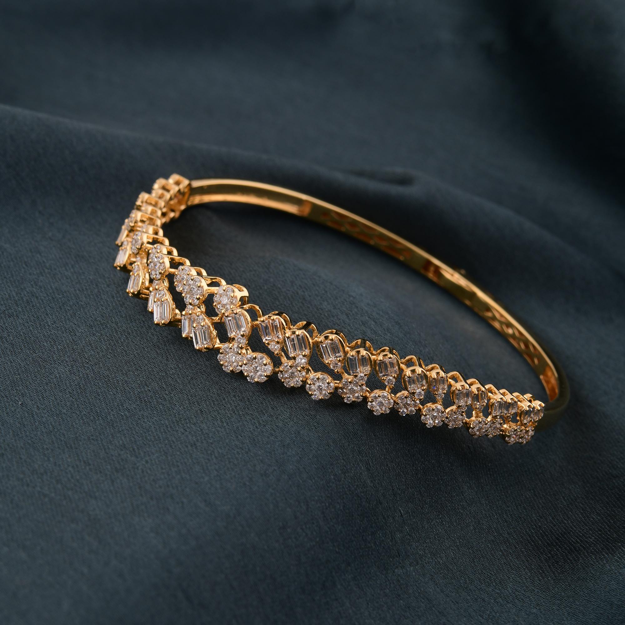 Women's Baguette Round Diamond Bangle Bracelet 18 Karat Yellow Gold Handmade Jewelry For Sale