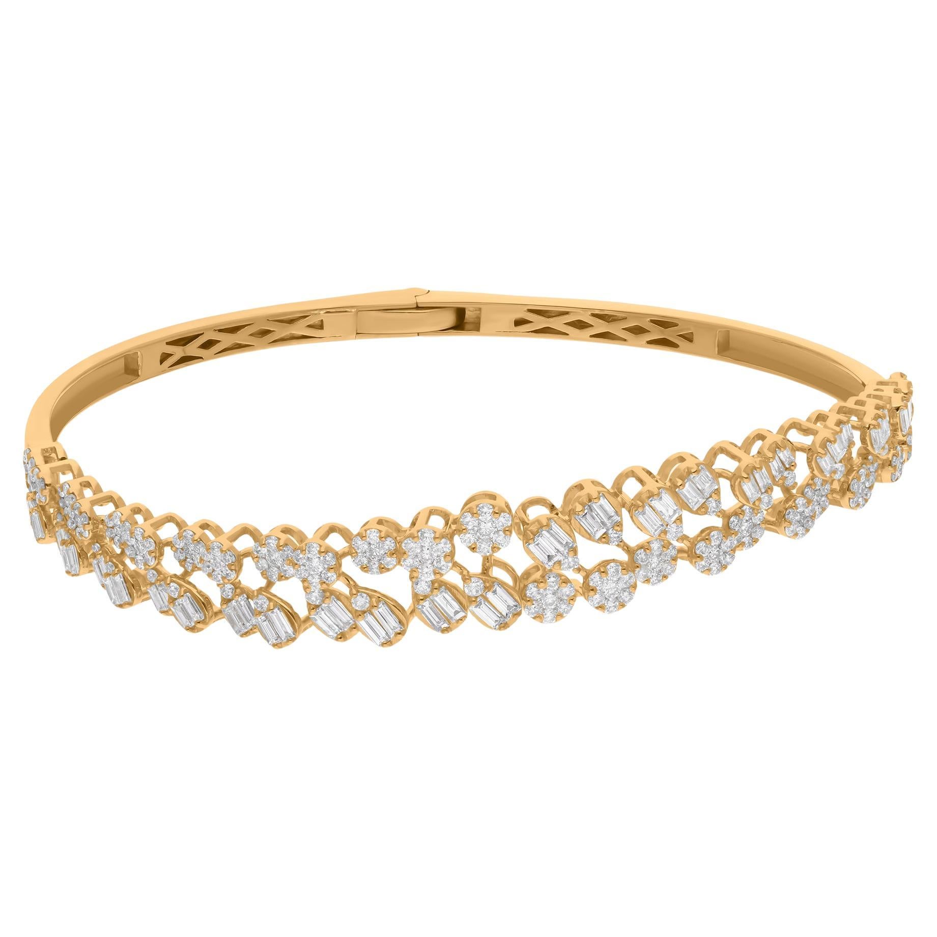Baguette Round Diamond Bangle Bracelet 18 Karat Yellow Gold Handmade Jewelry For Sale