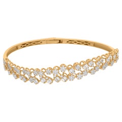 Bracelet jonc en or jaune 18 carats avec diamants ronds baguettes, fabrication artisanale