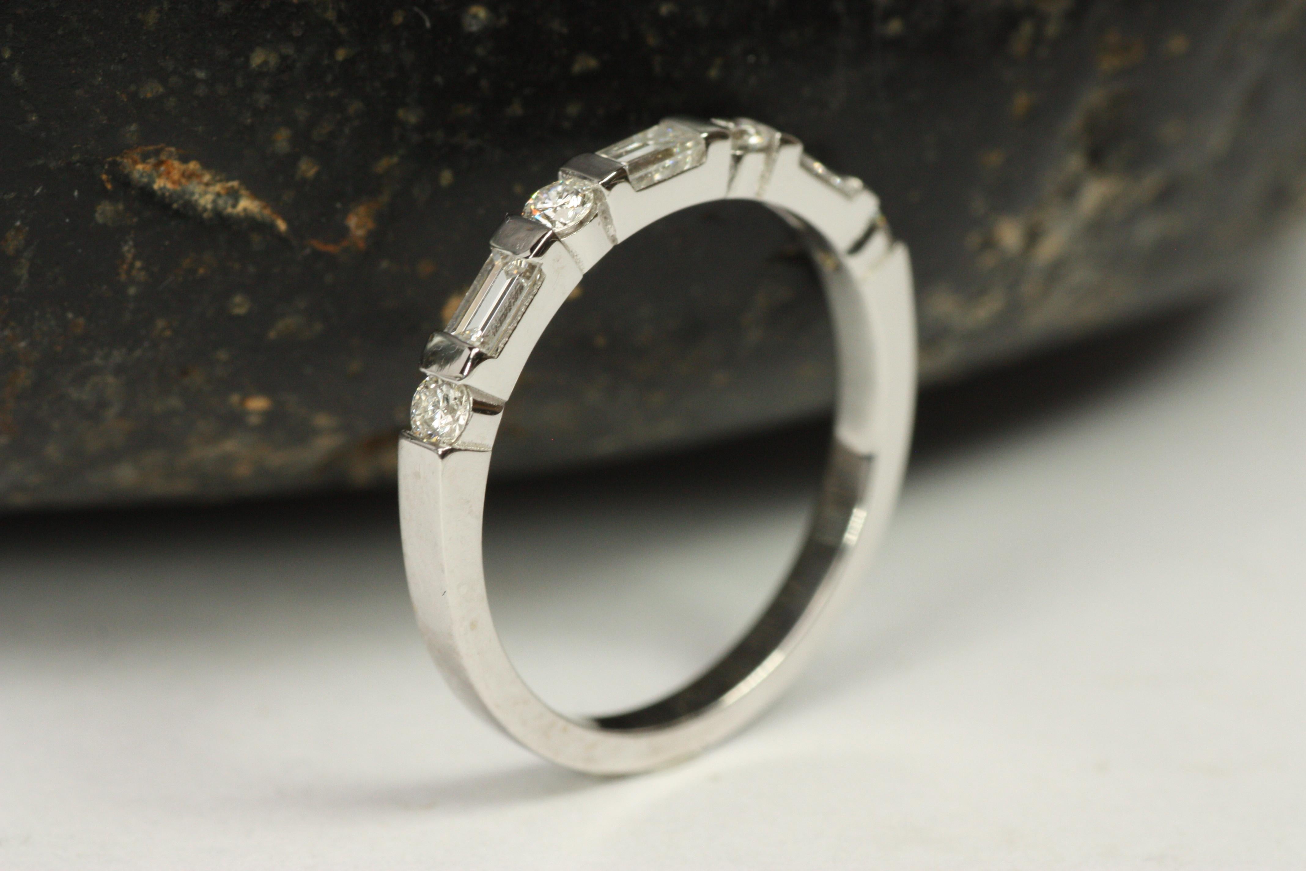 Baguette Cut Baguette & Round Diamond Bar-Set Half Eternity White Gold Wedding Band For Sale