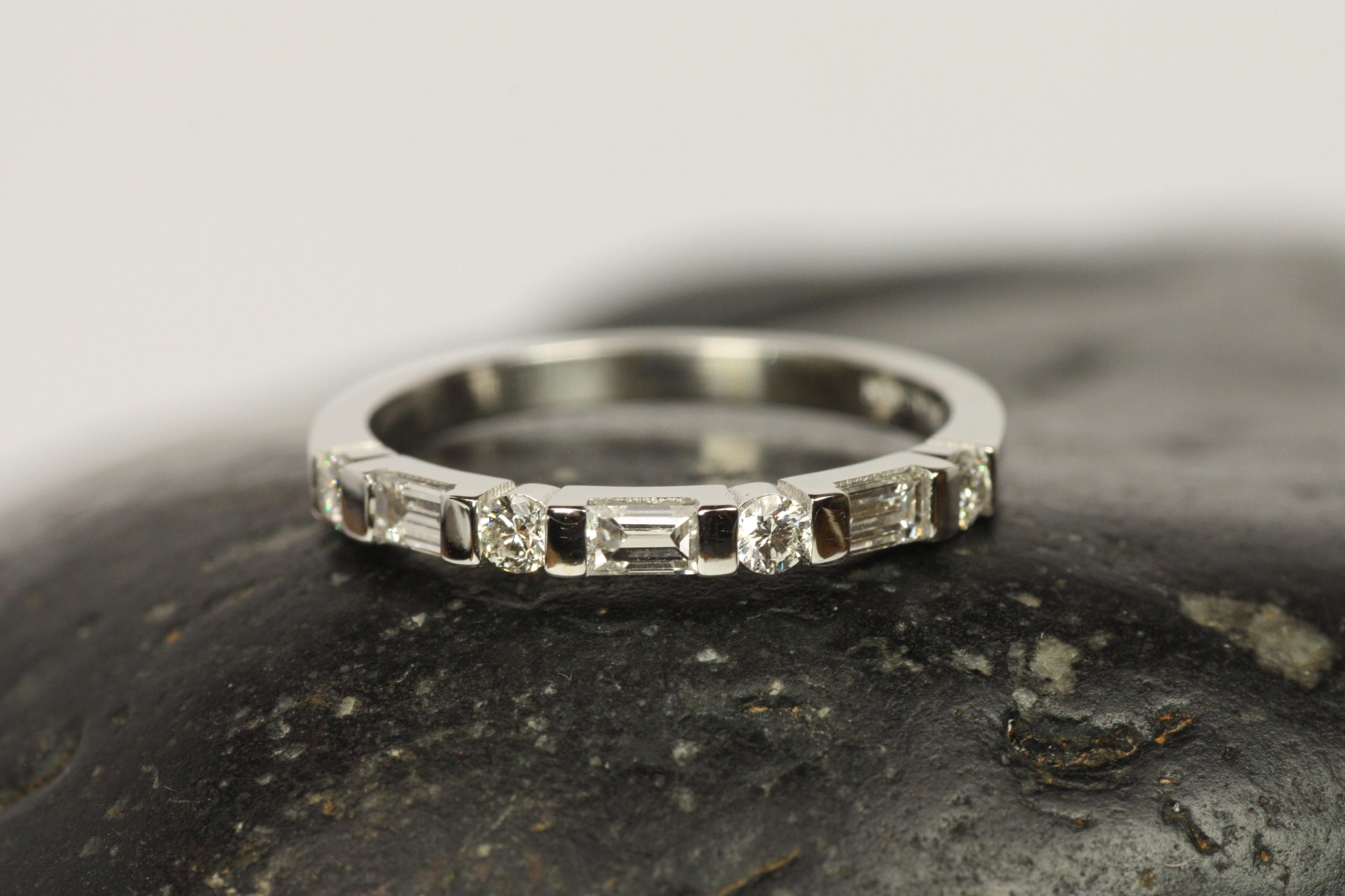 Women's Baguette & Round Diamond Bar-Set Half Eternity White Gold Wedding Band For Sale