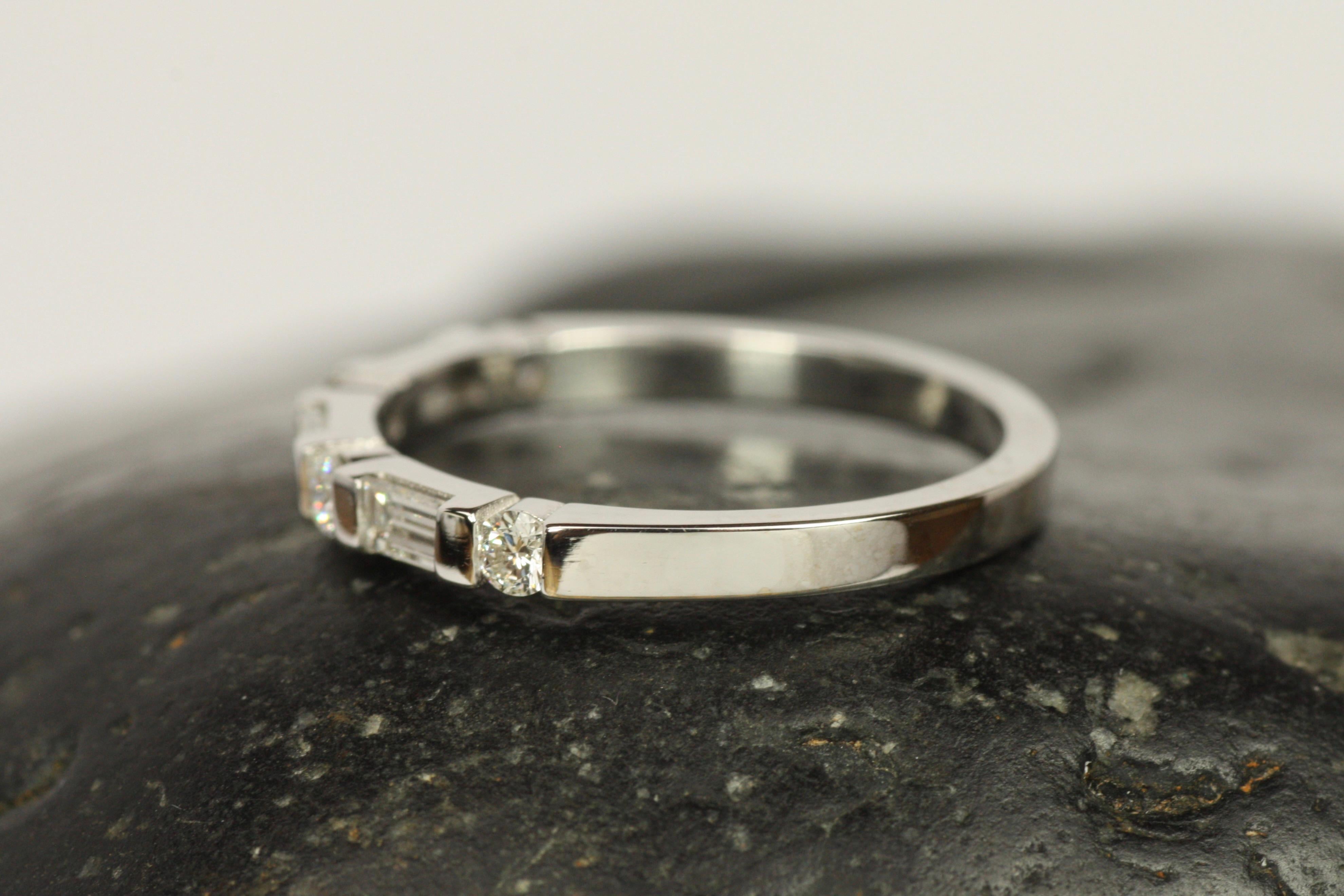Baguette & Round Diamond Bar-Set Half Eternity White Gold Wedding Band For Sale 1