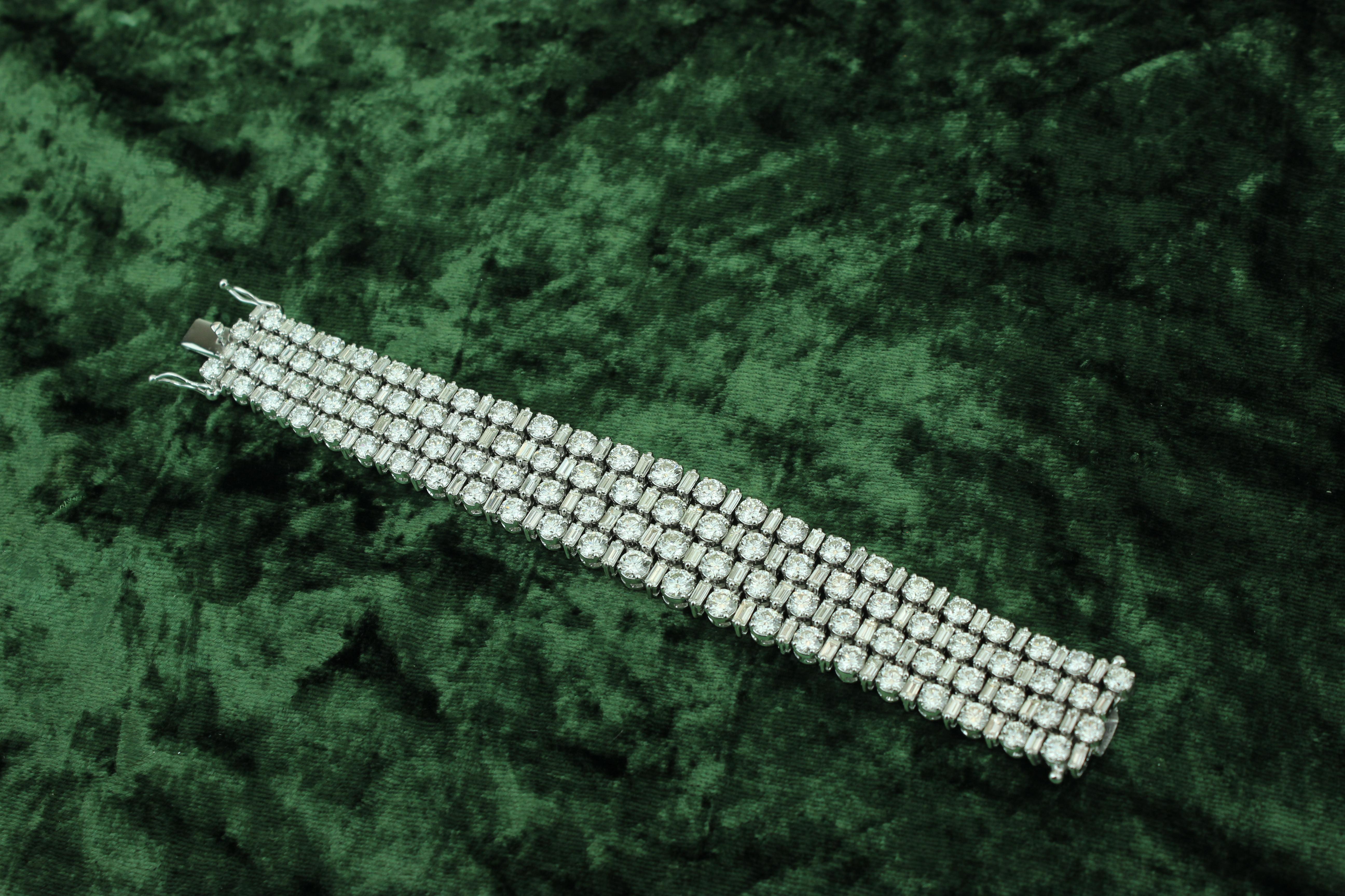 Art Deco Baguette & Round Diamond Broad Tennis Bracelet in 18k Solid Gold For Sale