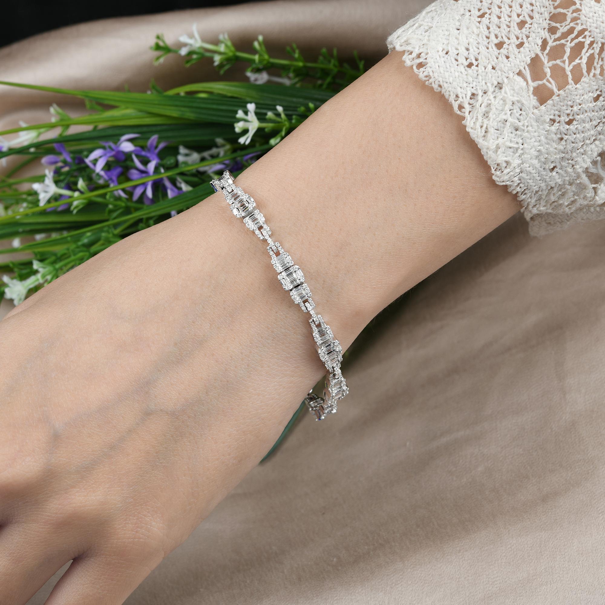 Women's Baguette & Round Diamond Charm Bracelet 18 Karat White Gold Handmade Jewelry For Sale