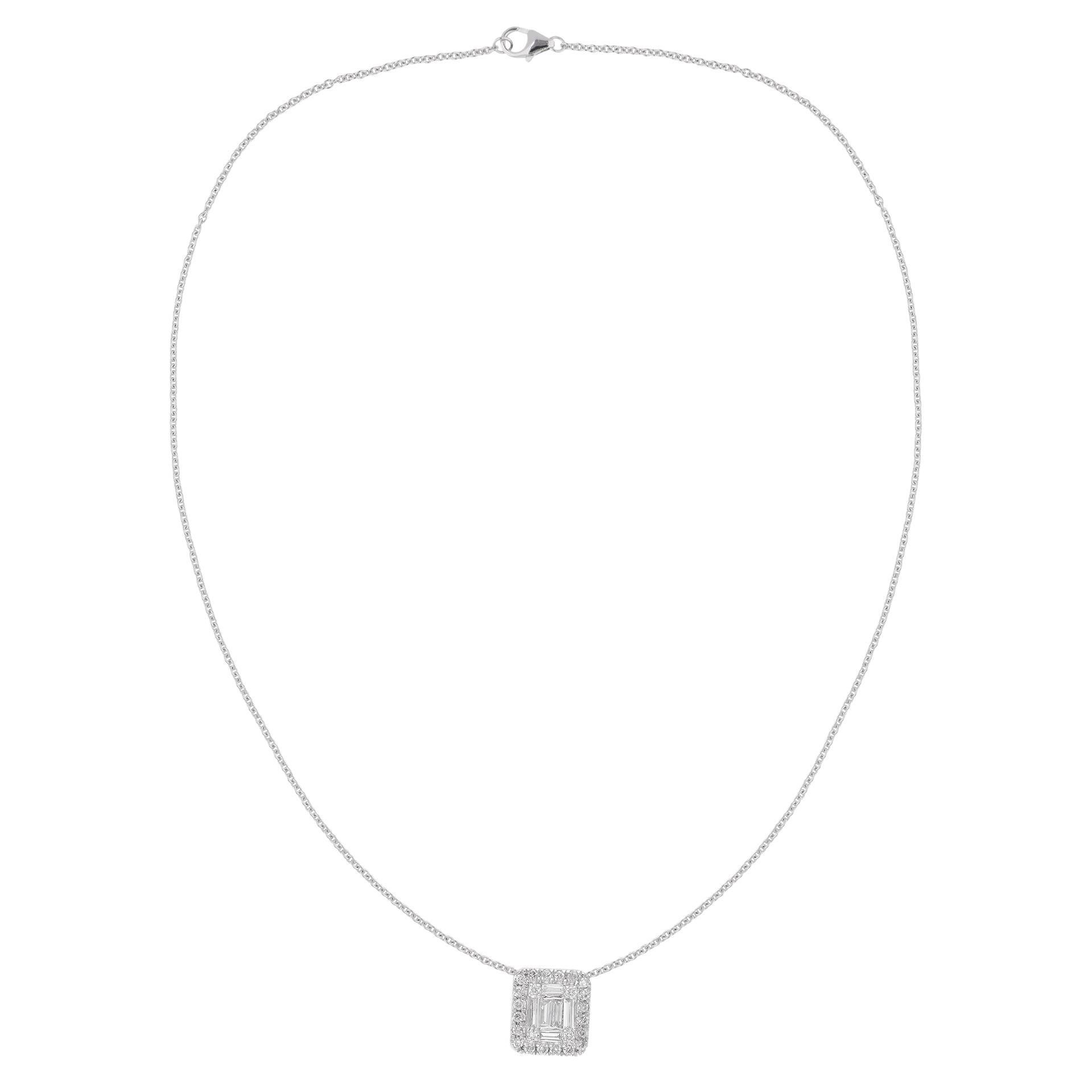 Baguette & Round Diamond Charm Necklace 18 Karat White Gold Handmade Jewelry