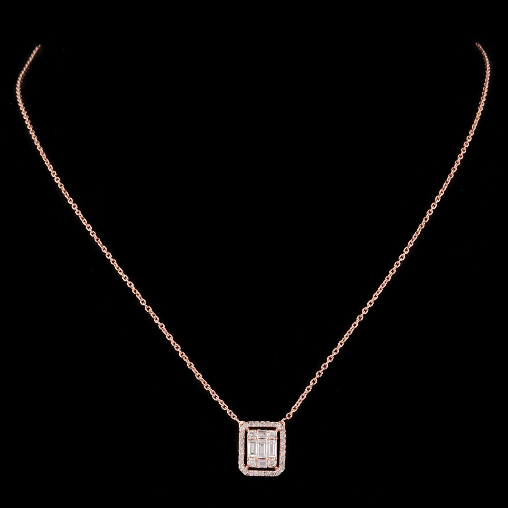 Indulge in the timeless allure of fine jewelry with this exquisite Baguette & Round Diamond Charm Pendant Necklace, a true masterpiece of craftsmanship and elegance. Meticulously handcrafted from luxurious 14 karat rose gold, this necklace exudes a