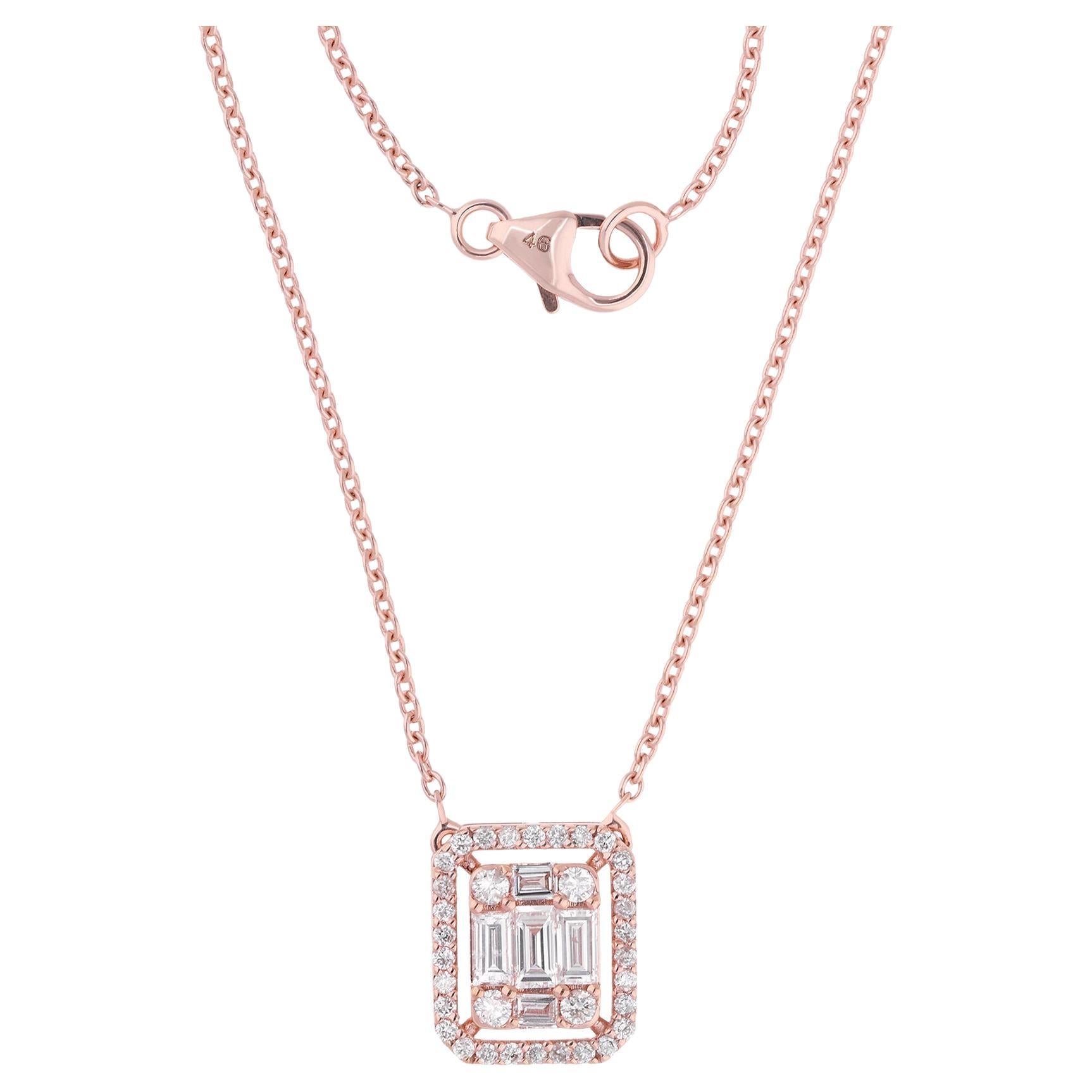 Baguette & Round Diamond Charm Pendant Necklace 14 Karat Rose Gold Fine Jewelry For Sale