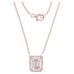 Baguette & Round Diamond Charm Pendant Necklace 14 Karat Rose Gold Fine Jewelry
