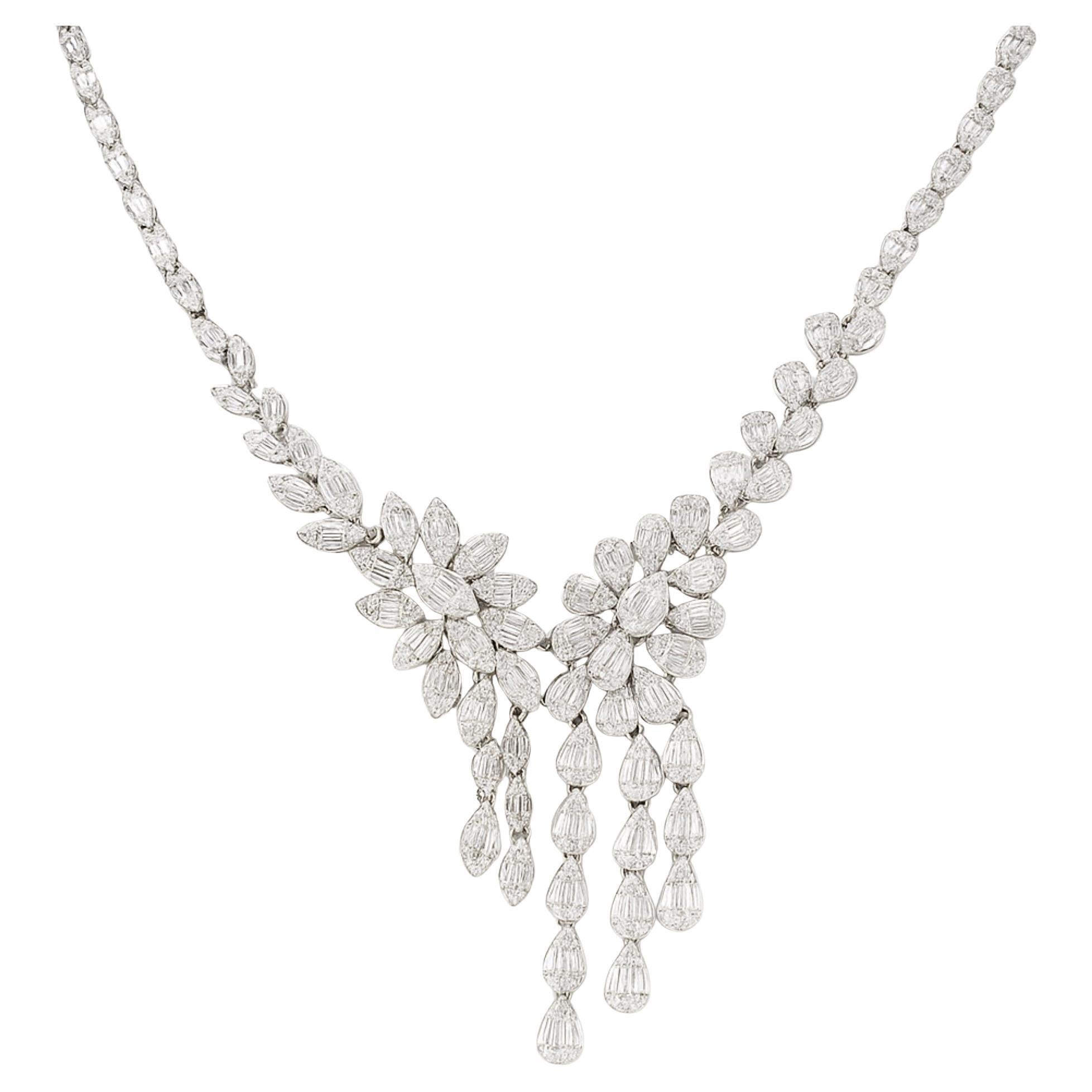 Cluster di diamanti tondi baguette  Collana a goccia in oro bianco 14 carati Gioielli di pregio