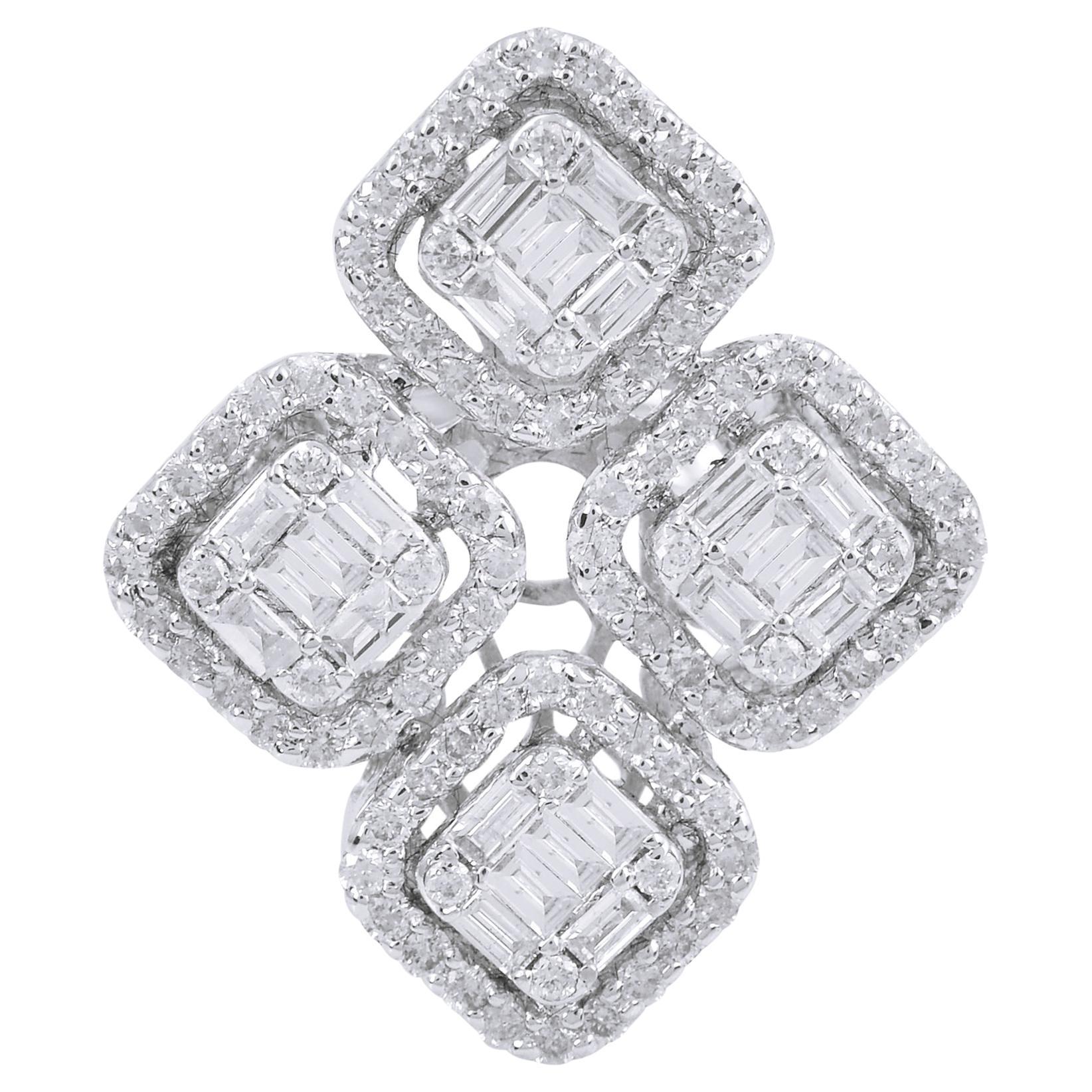 Baguette Round Diamond Cocktail Ring 18 Karat White Gold Handmade Fine Jewelry