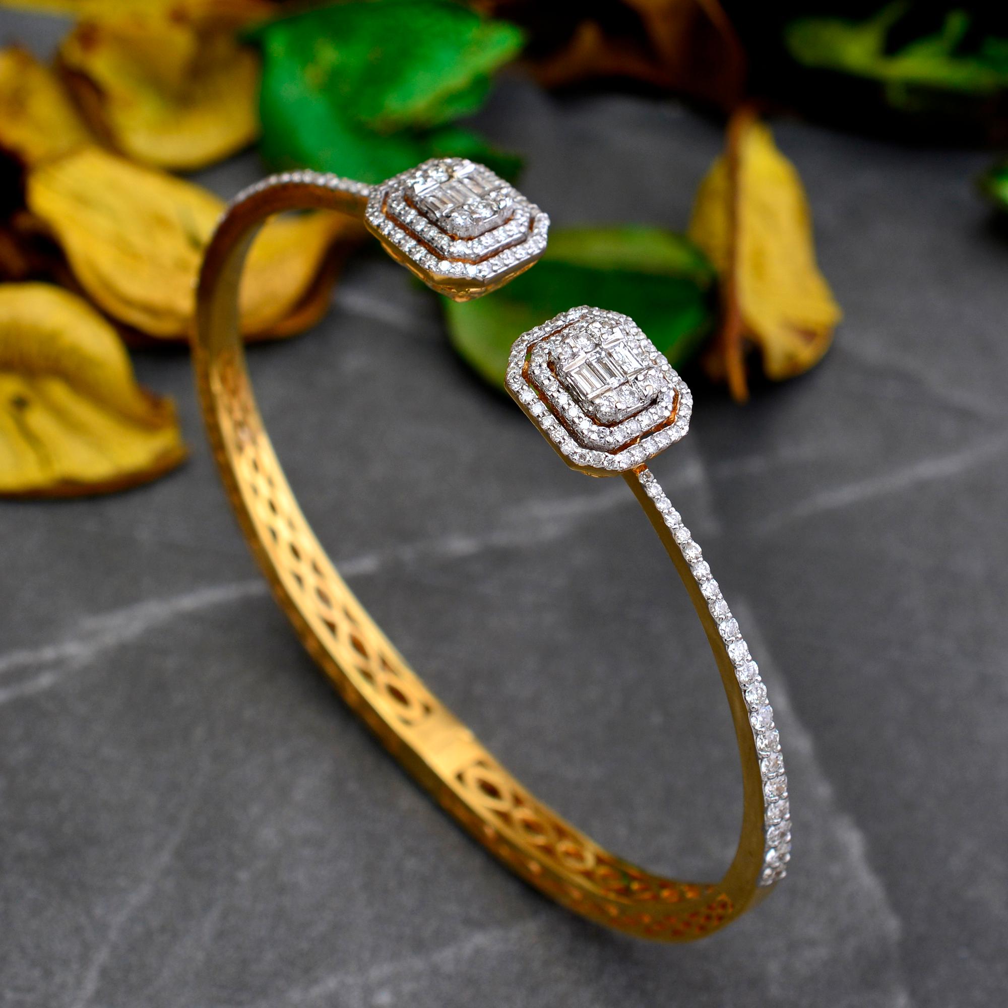 Modern Baguette & Round Diamond Cuff Bangle Bracelet 14 Karat Yellow Gold Fine Jewelry For Sale