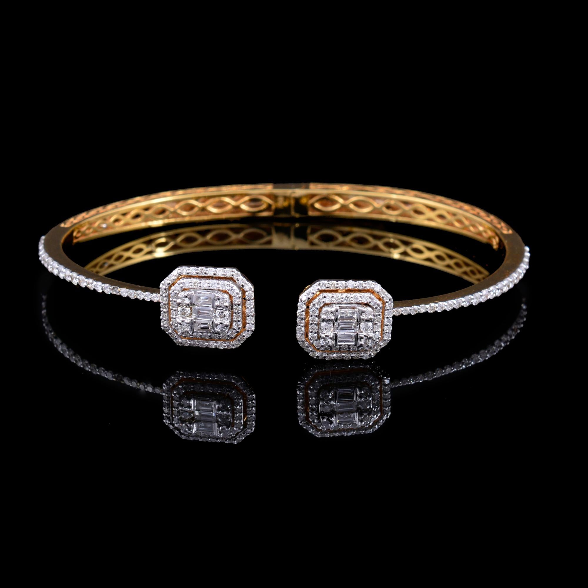 Women's Baguette & Round Diamond Cuff Bangle Bracelet 14 Karat Yellow Gold Fine Jewelry For Sale