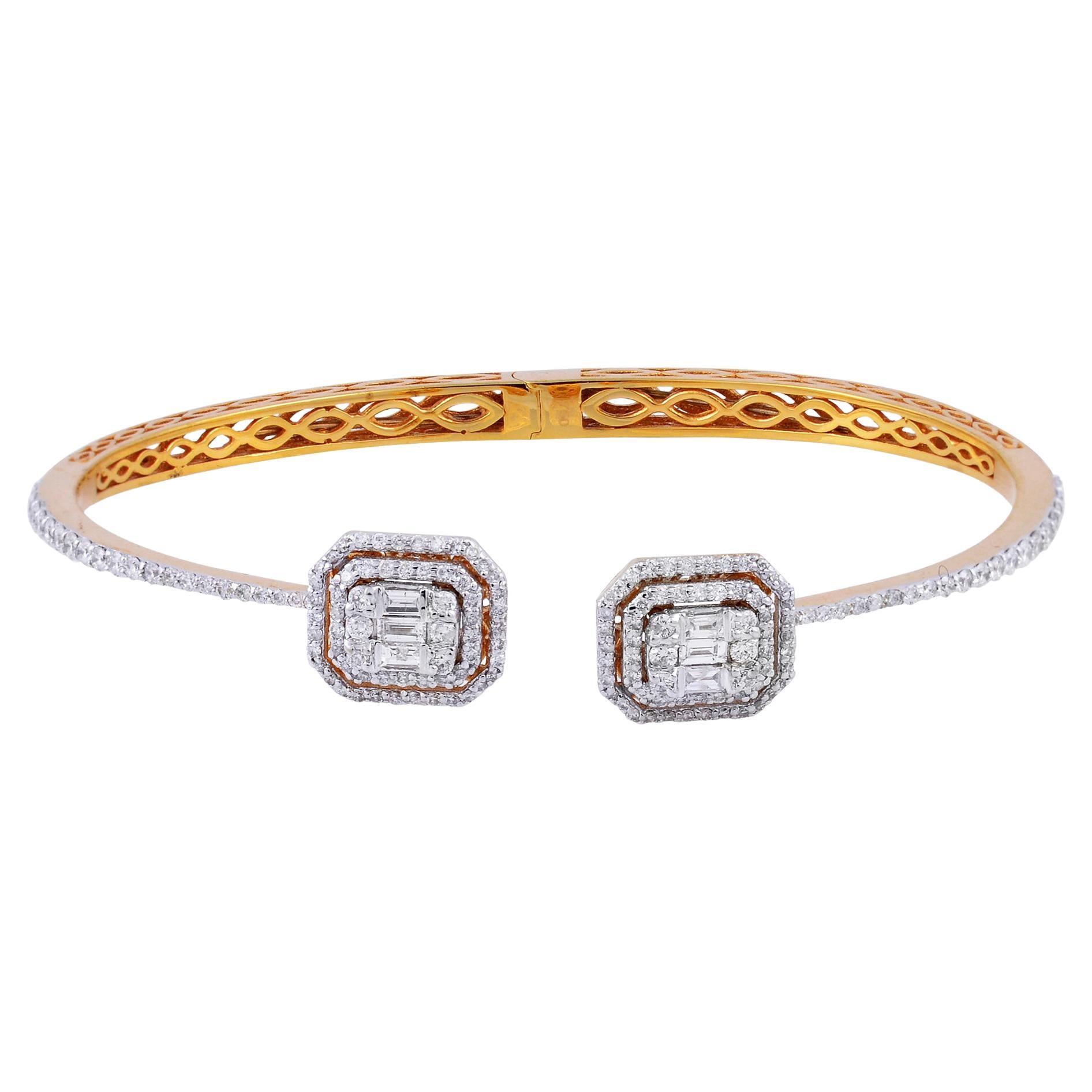 Baguette & Round Diamond Cuff Bangle Bracelet 14 Karat Yellow Gold Fine Jewelry For Sale