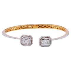 Bracelet manchette jonc en or jaune 14 carats avec diamants baguettes et ronds