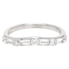 Vintage Baguette Round Diamond Curved Wedding Band, 14K White Gold, Ring