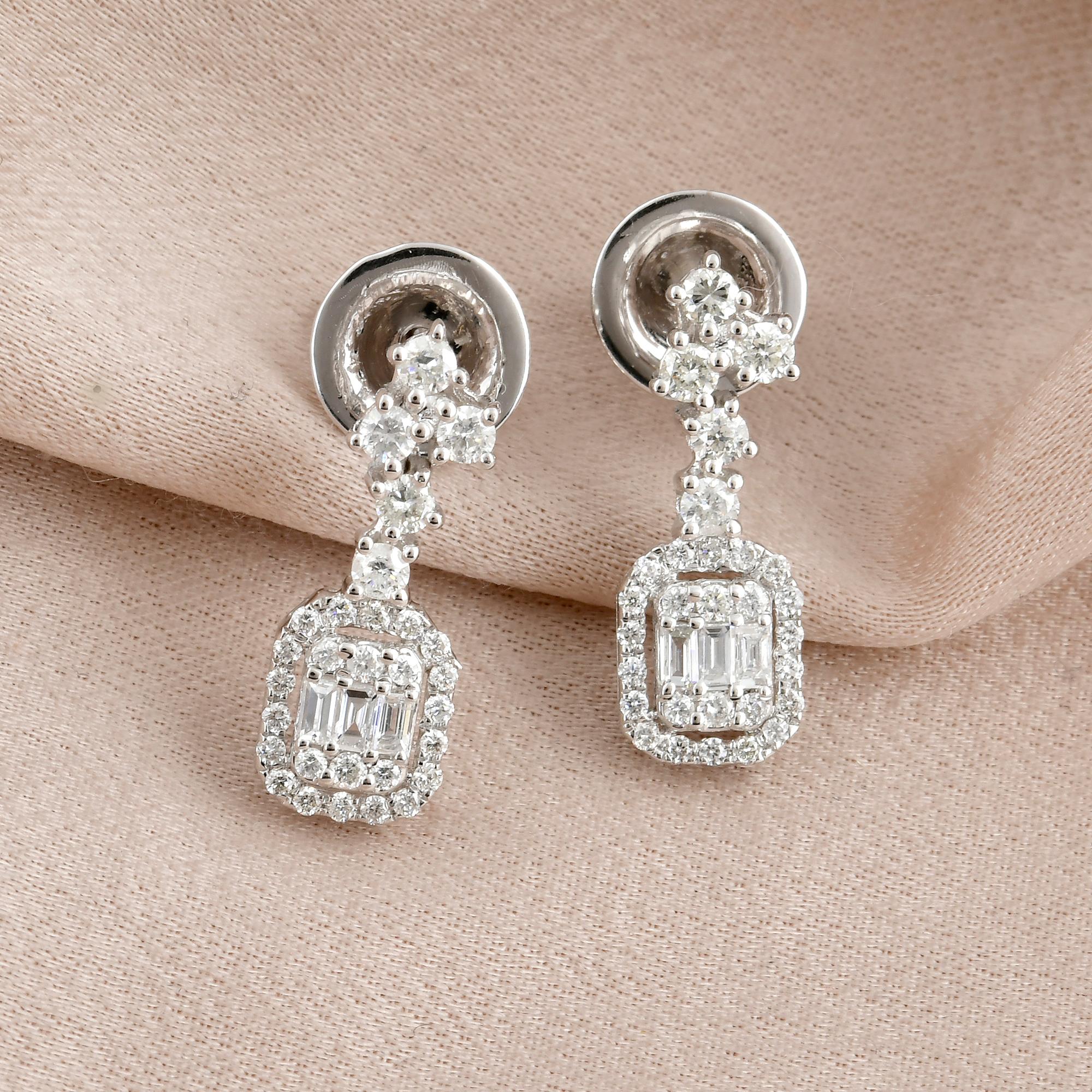 Modern Baguette Round Diamond Dangle Earrings 14 Karat White Gold Handmade Fine Jewelry For Sale
