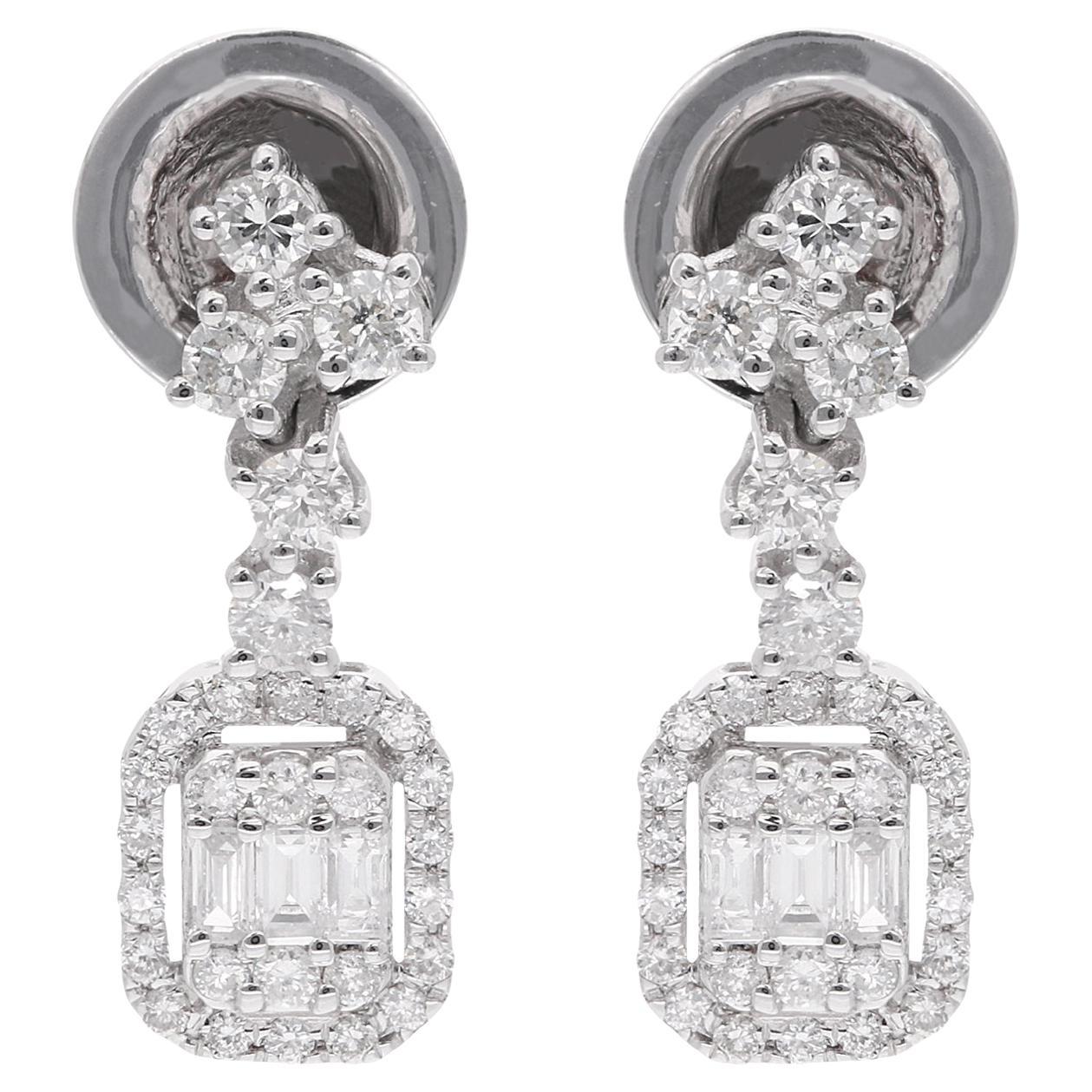 Baguette Round Diamond Dangle Earrings 14 Karat White Gold Handmade Fine Jewelry