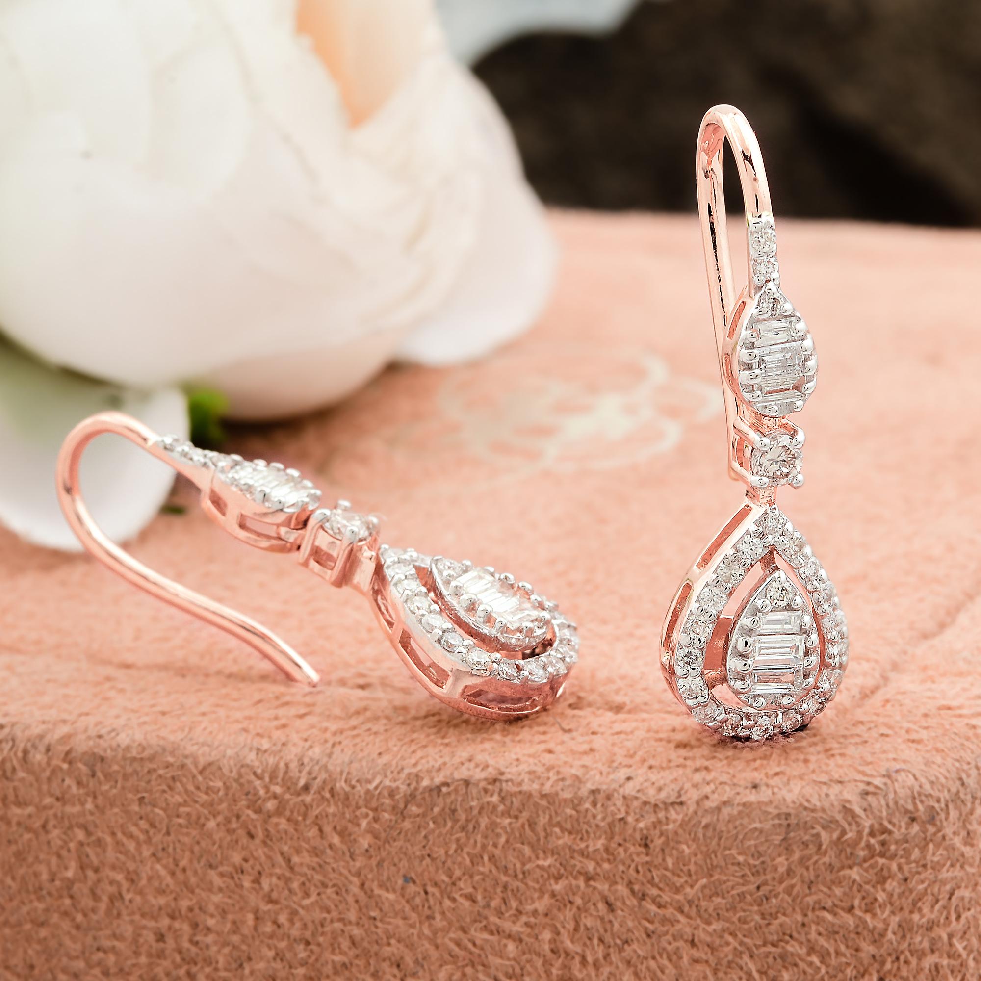 Modern Baguette Round Diamond Dangle Earrings 18 Karat Rose Gold Handmade Fine Jewelry For Sale