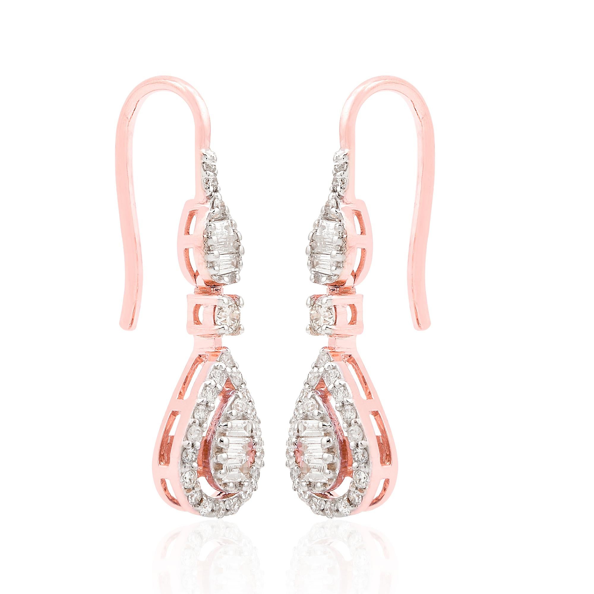 Baguette Cut Baguette Round Diamond Dangle Earrings 18 Karat Rose Gold Handmade Fine Jewelry For Sale
