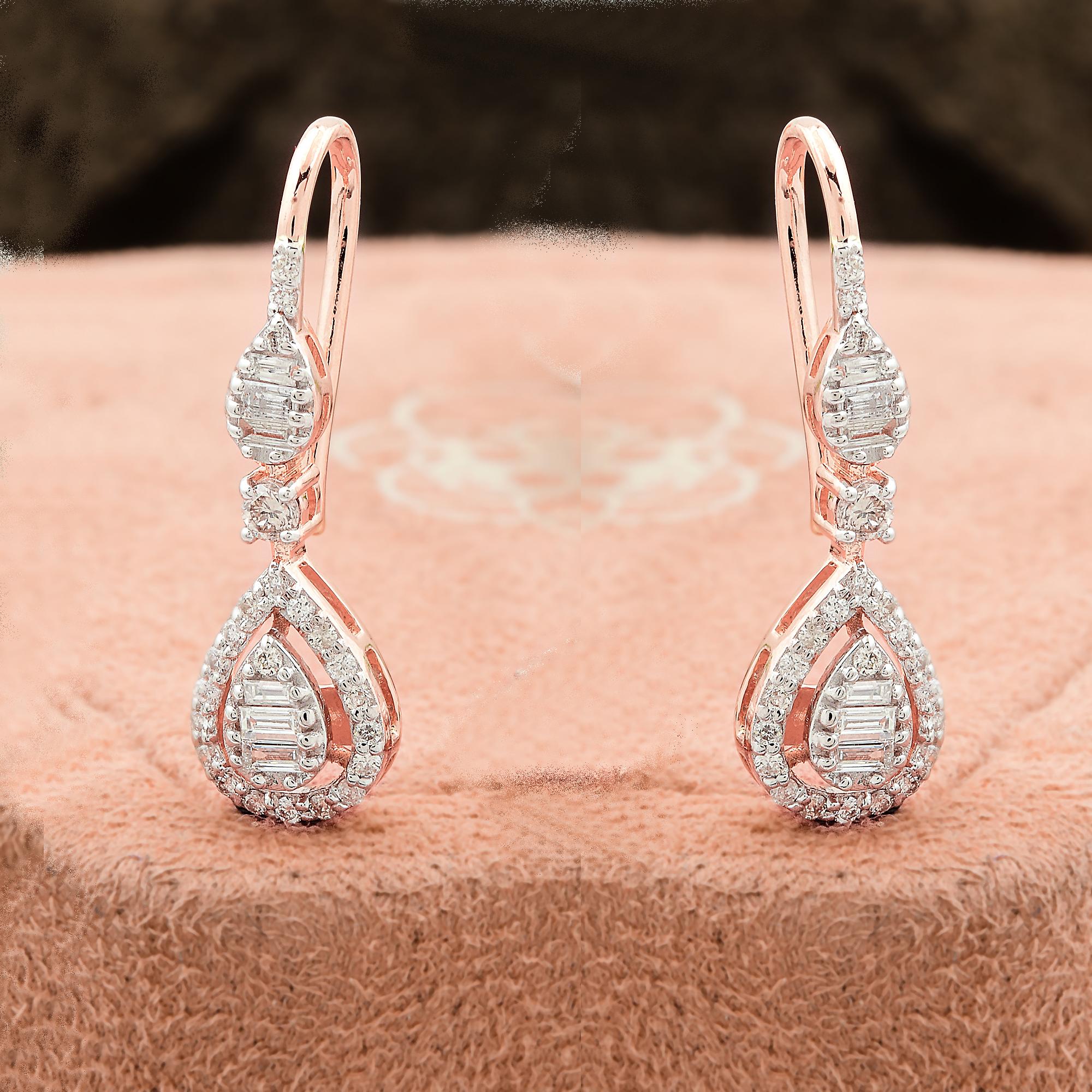 Baguette Round Diamond Dangle Earrings 18 Karat Rose Gold Handmade Fine Jewelry In New Condition For Sale In Diera, Dubai