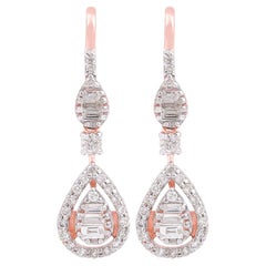 Orecchini con diamanti rotondi Baguette in oro rosa 18 carati, fatti a mano.