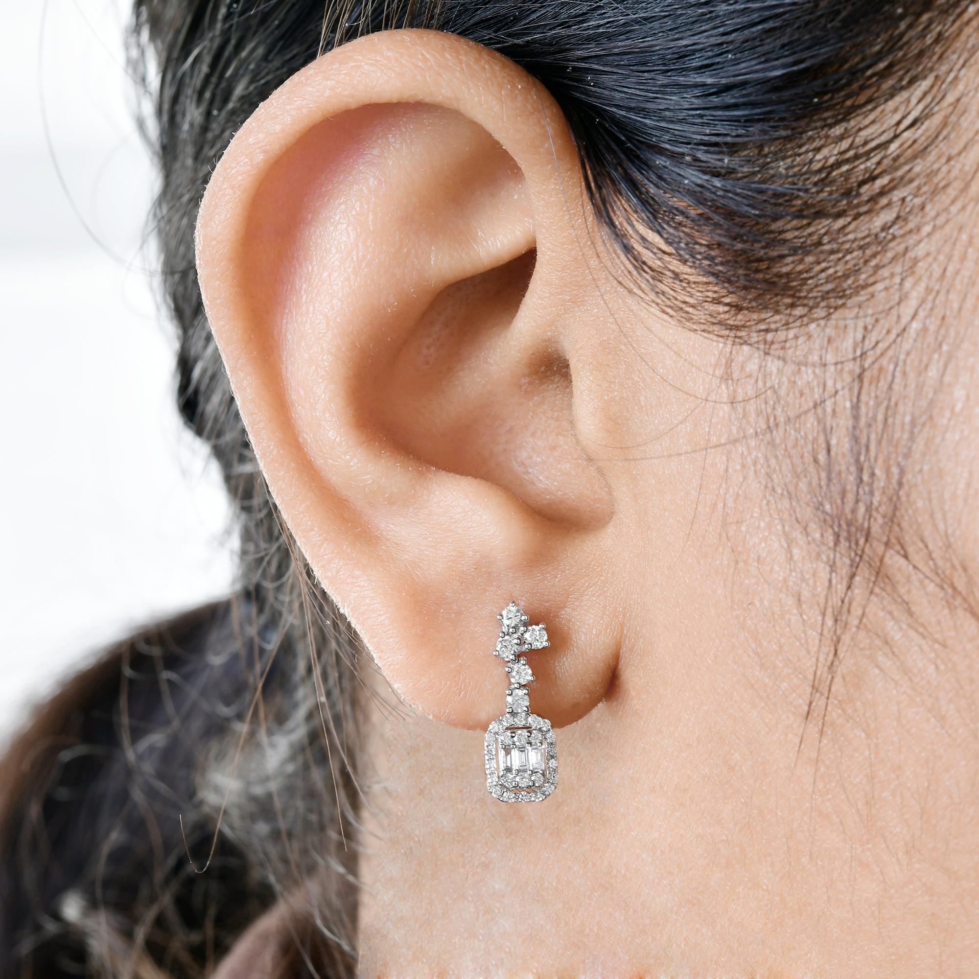 Modern Baguette Round Diamond Dangle Earrings 18 Karat White Gold Handmade Fine Jewelry For Sale