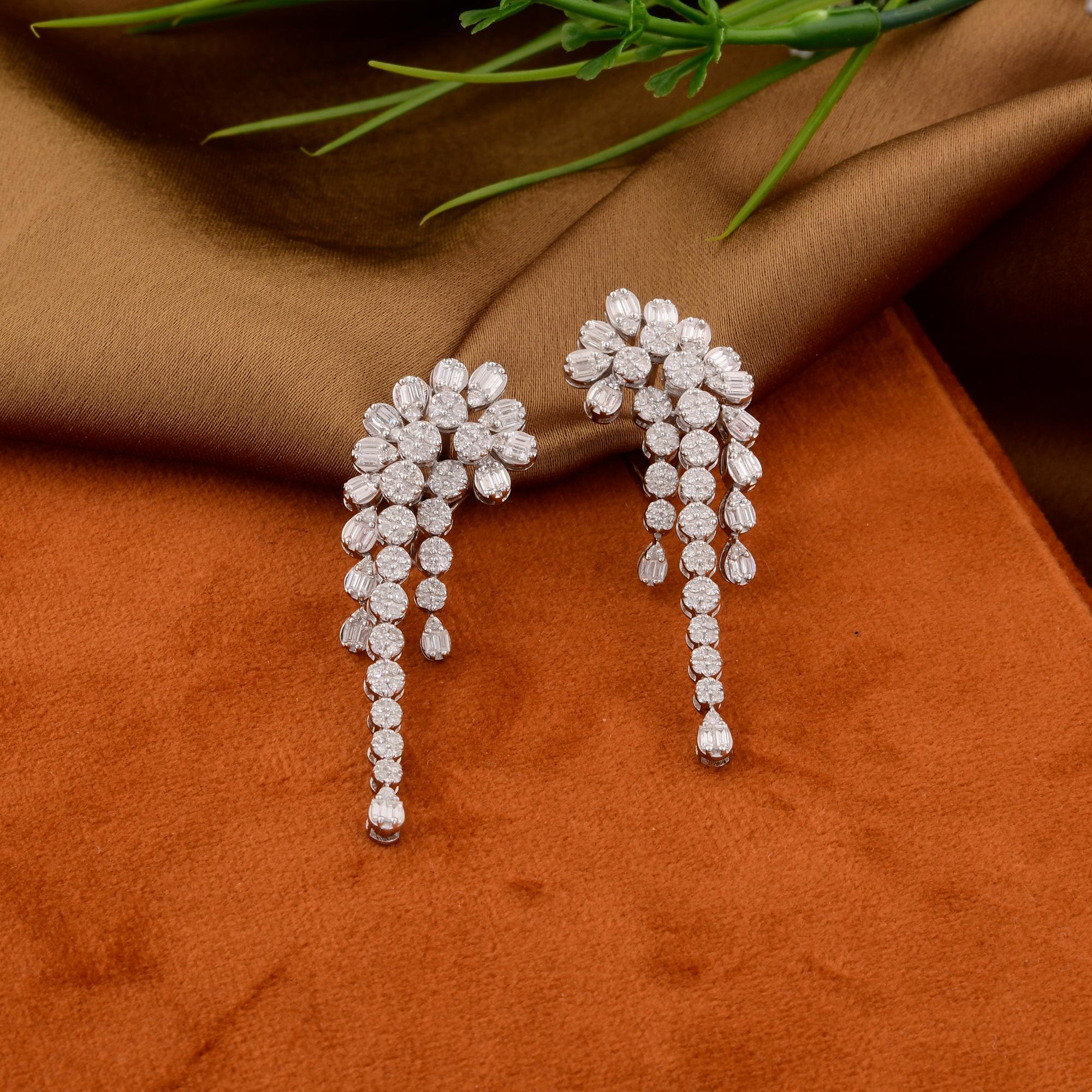 Round Cut Baguette & Round Diamond Dangle Earrings 18 Karat White Gold Handmade Jewelry For Sale