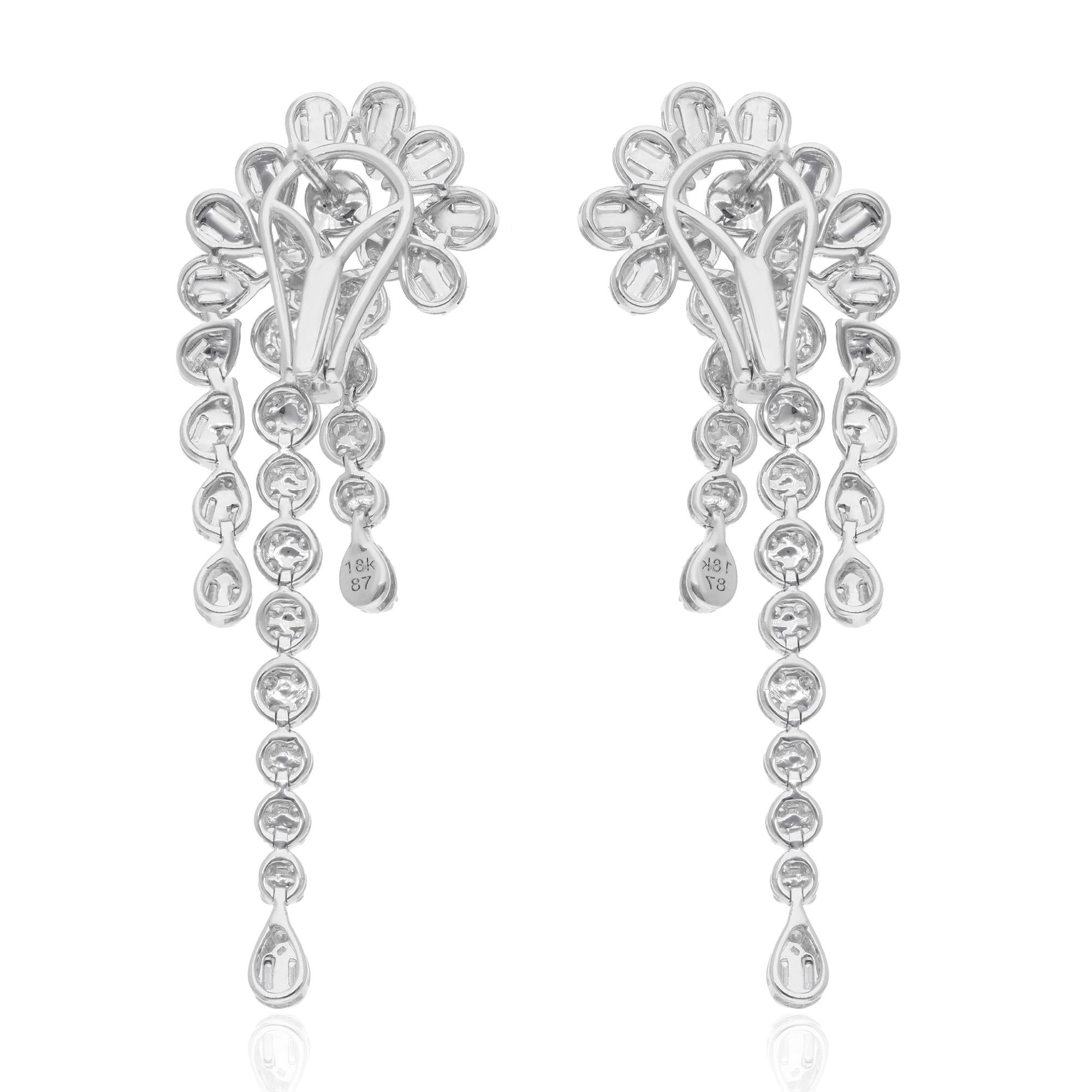 Women's Baguette & Round Diamond Dangle Earrings 18 Karat White Gold Handmade Jewelry For Sale