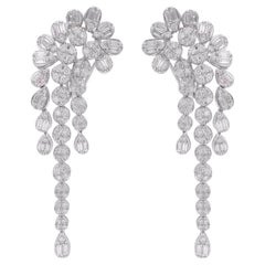 Baguette & Round Diamond Dangle Earrings 18 Karat White Gold Handmade Jewelry