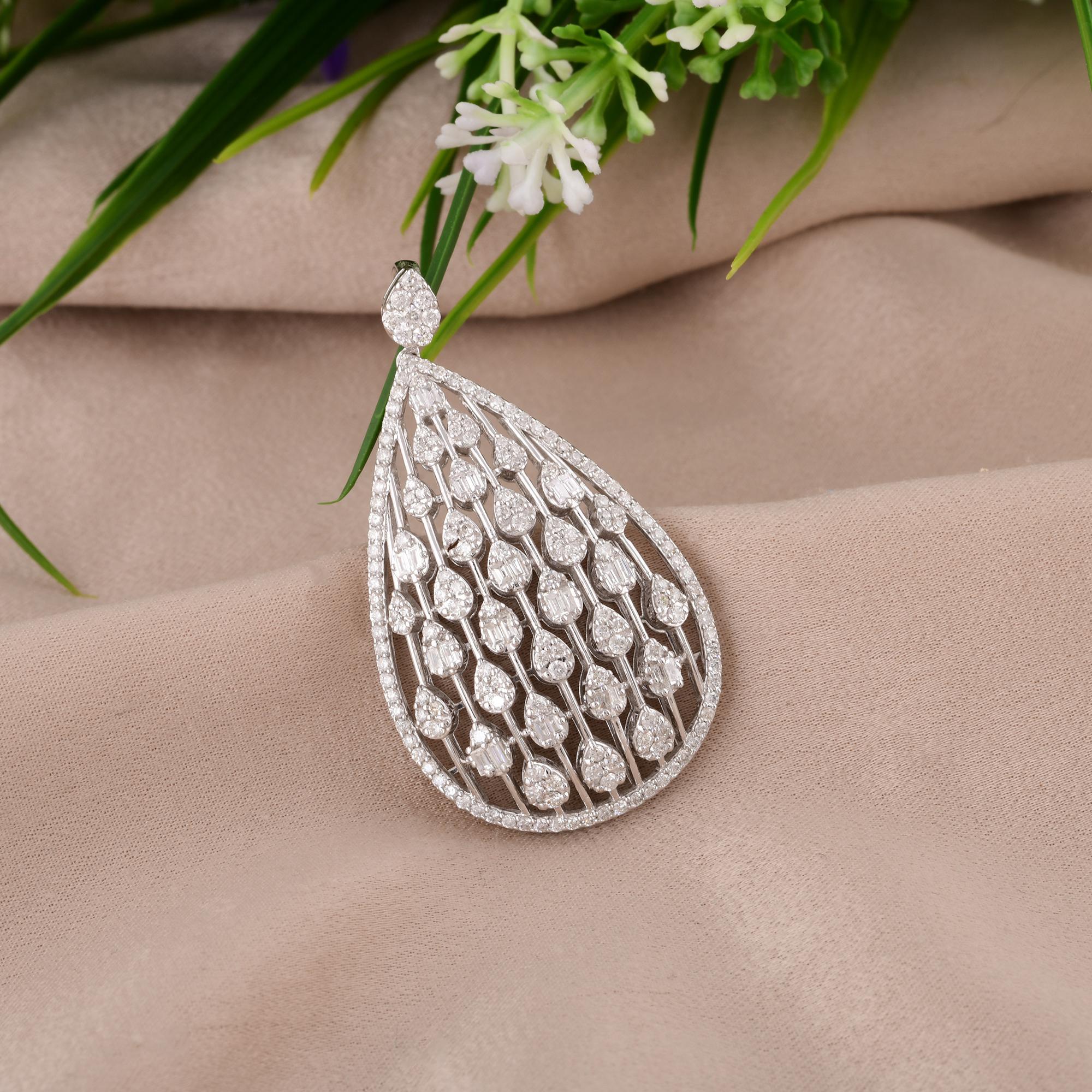 Baguette Cut Baguette & Round Diamond Drop Pendant 14 Karat White Gold Handmade Fine Jewelry For Sale