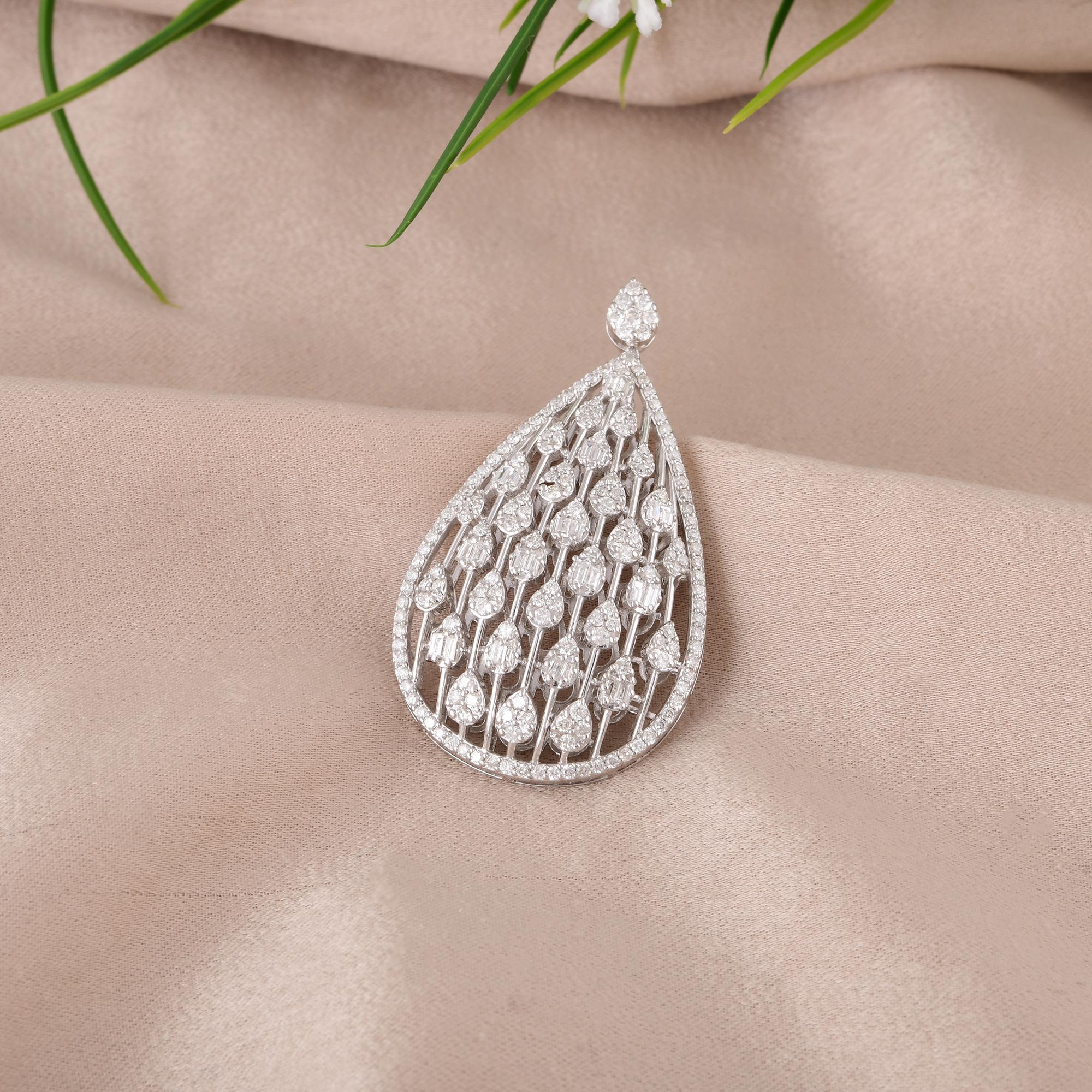 Women's Baguette & Round Diamond Drop Pendant 14 Karat White Gold Handmade Fine Jewelry For Sale