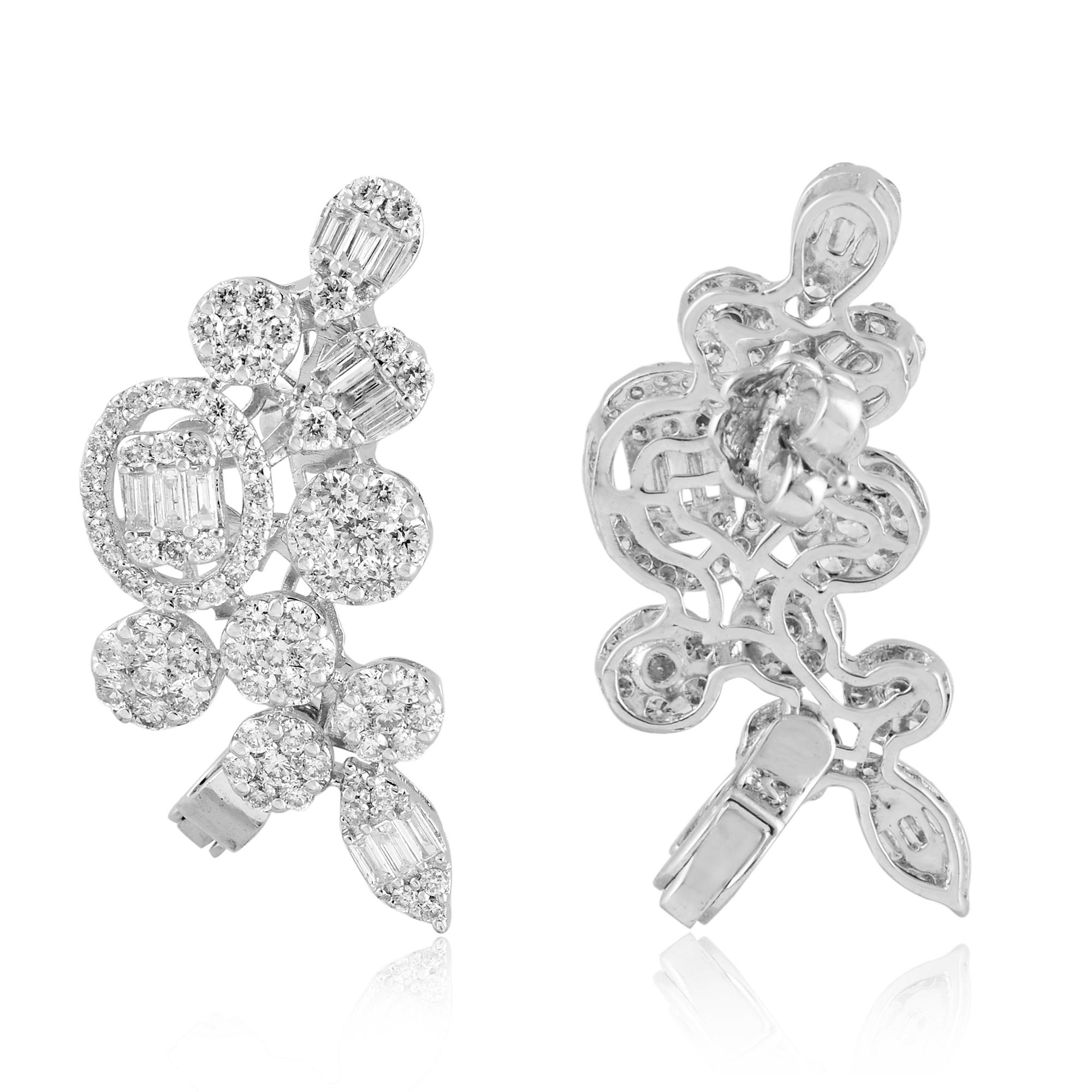 Women's Baguette Round Diamond Ear Cuff Earrings 18 Karat White Gold Handmade Jewelry For Sale