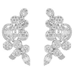 Boucles d'oreilles manchettes en or blanc 18 carats avec diamants ronds et baguettes, fabrication artisanale