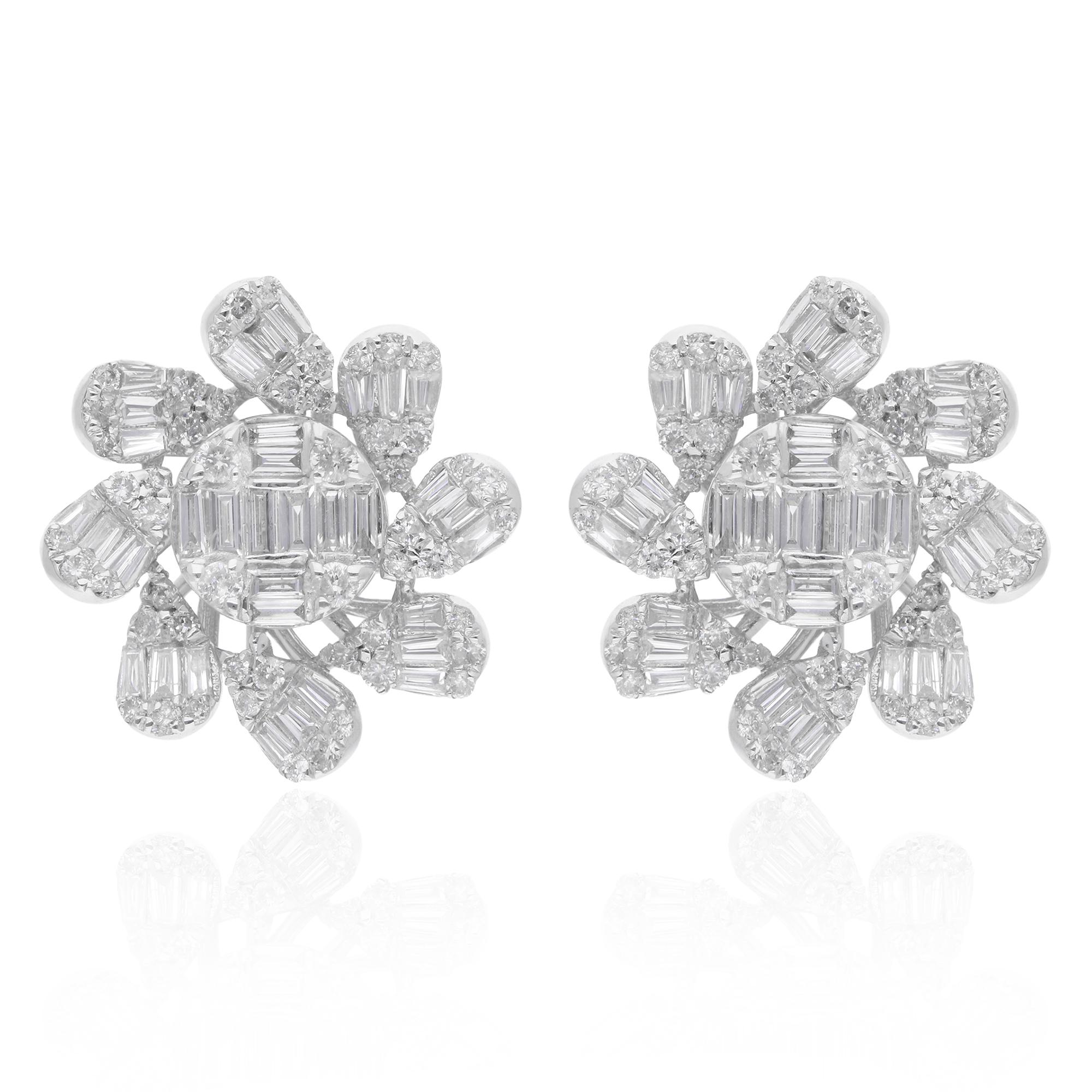 Illuminate your ensemble with the enchanting brilliance of these Baguette & Round Diamond Flower Design Earrings, crafted to perfection in 14 karat white gold. Inspired by the delicate beauty of flowers, these earrings exude a timeless elegance and