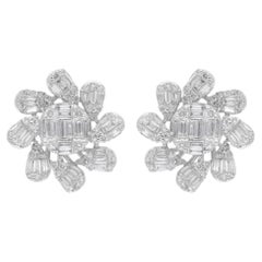 Orecchini a fiore con diamanti tondi e baguette in oro bianco 14 carati Gioielli di pregio