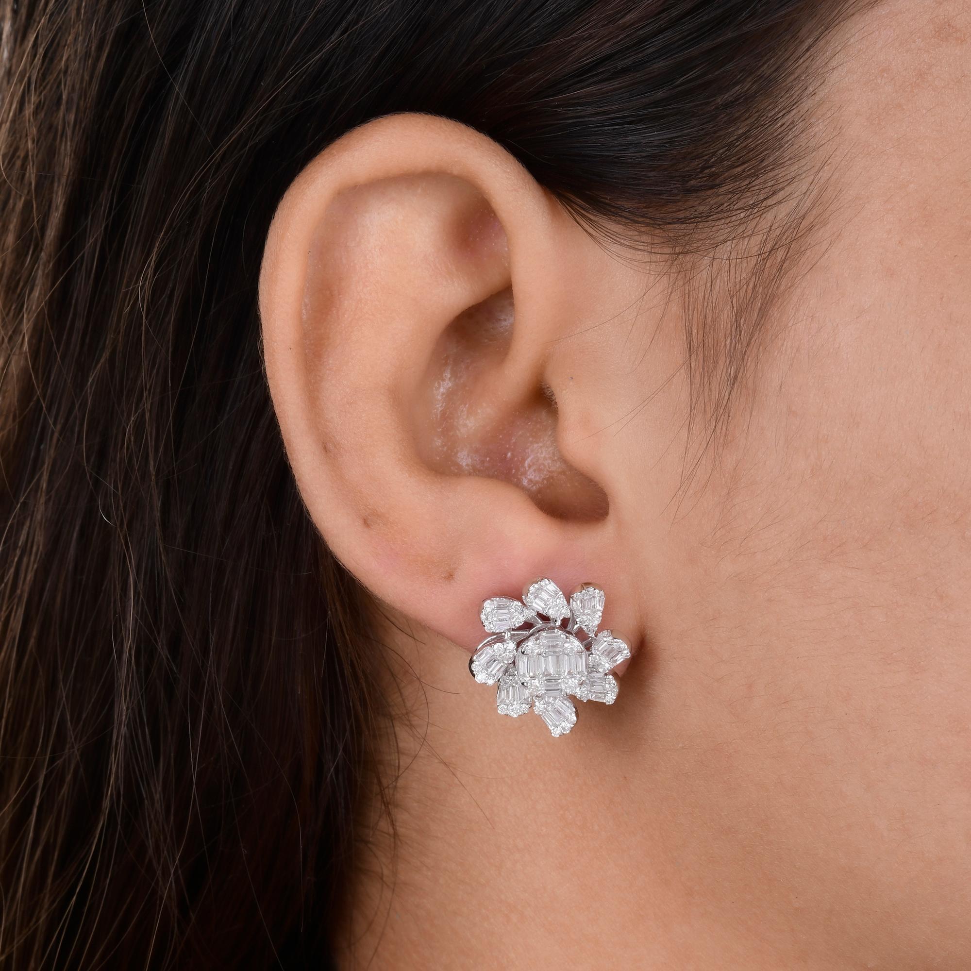 Modern Baguette & Round Diamond Flower Design Earrings 18 Karat White Gold Fine Jewelry For Sale