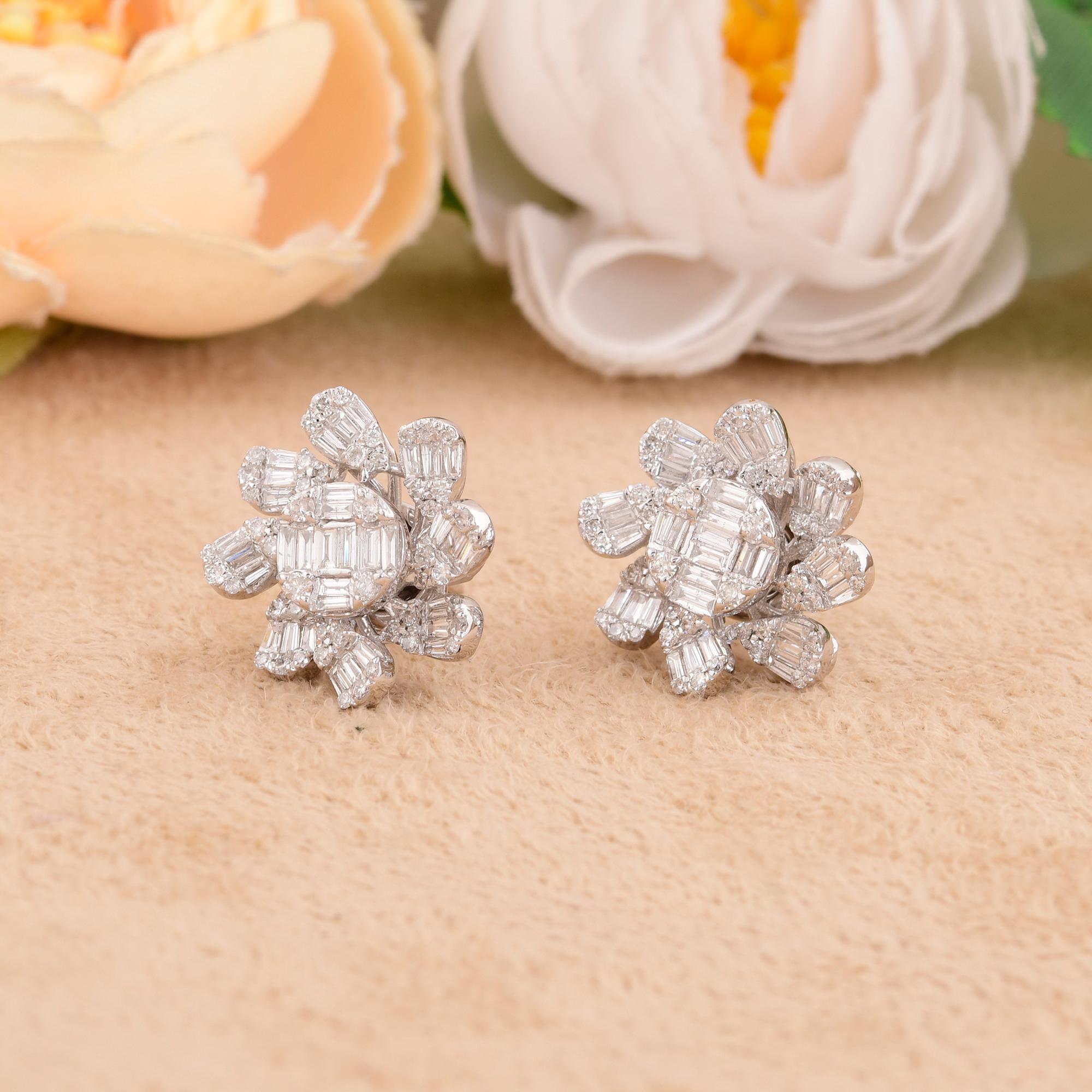 Baguette Cut Baguette & Round Diamond Flower Design Earrings 18 Karat White Gold Fine Jewelry For Sale