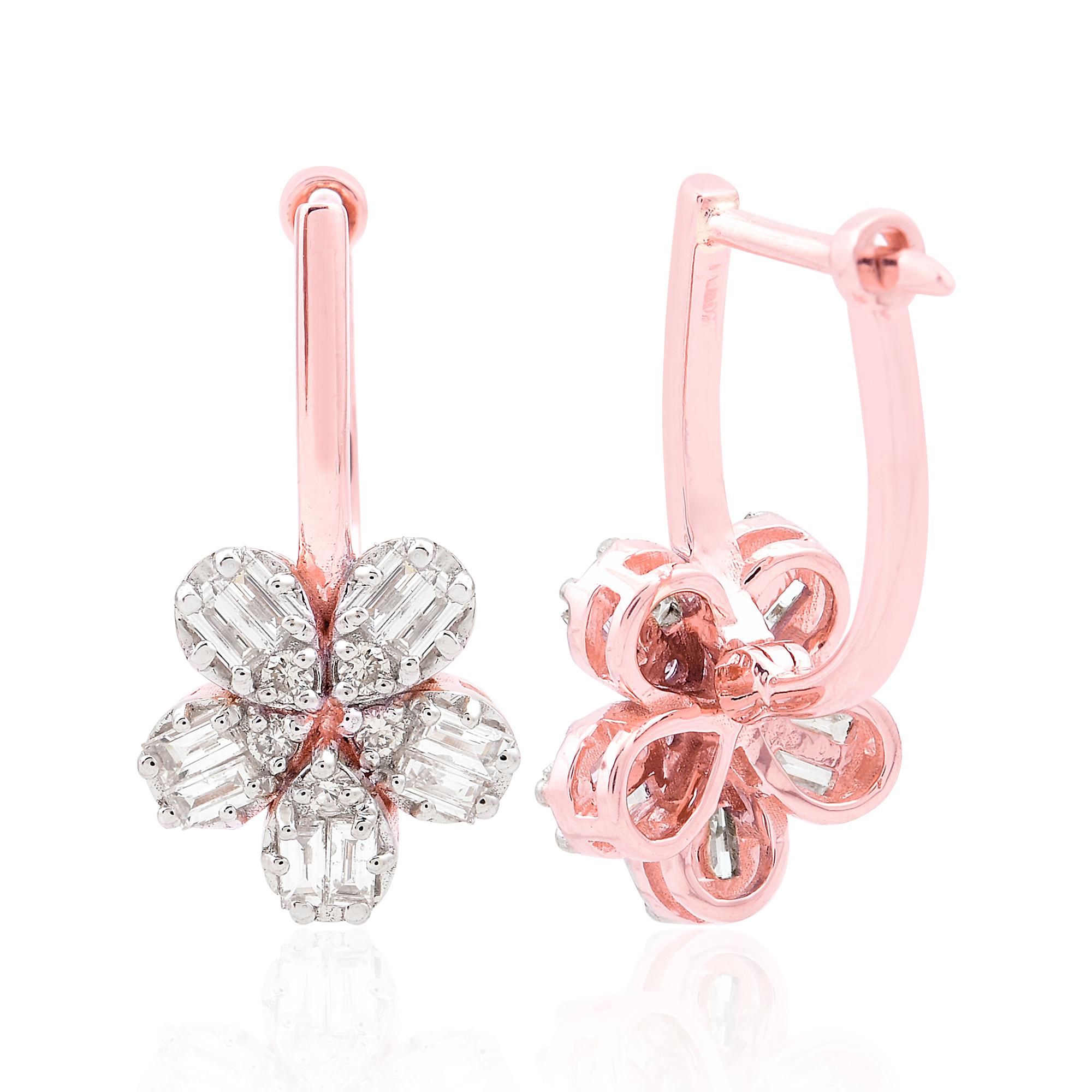 Modern Baguette Round Diamond Flower Hoop Earrings 18 Karat Rose Gold Handmade Jewelry For Sale