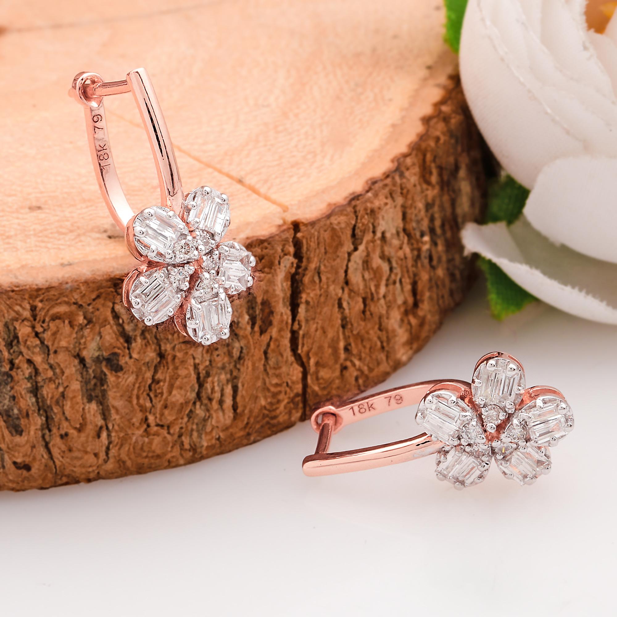 Baguette Cut Baguette Round Diamond Flower Hoop Earrings 18 Karat Rose Gold Handmade Jewelry For Sale