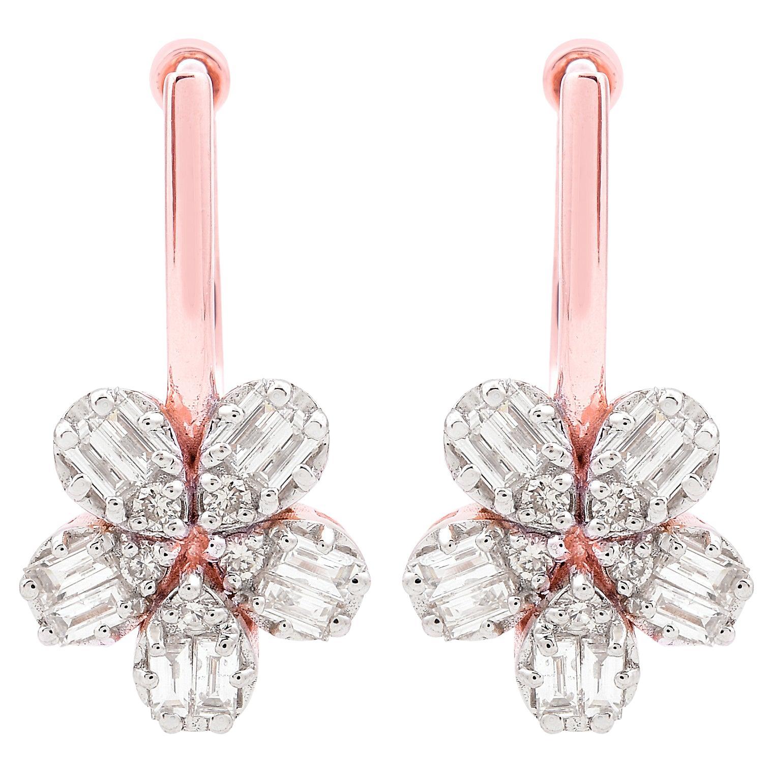 Baguette Round Diamond Flower Hoop Earrings 18 Karat Rose Gold Handmade Jewelry For Sale