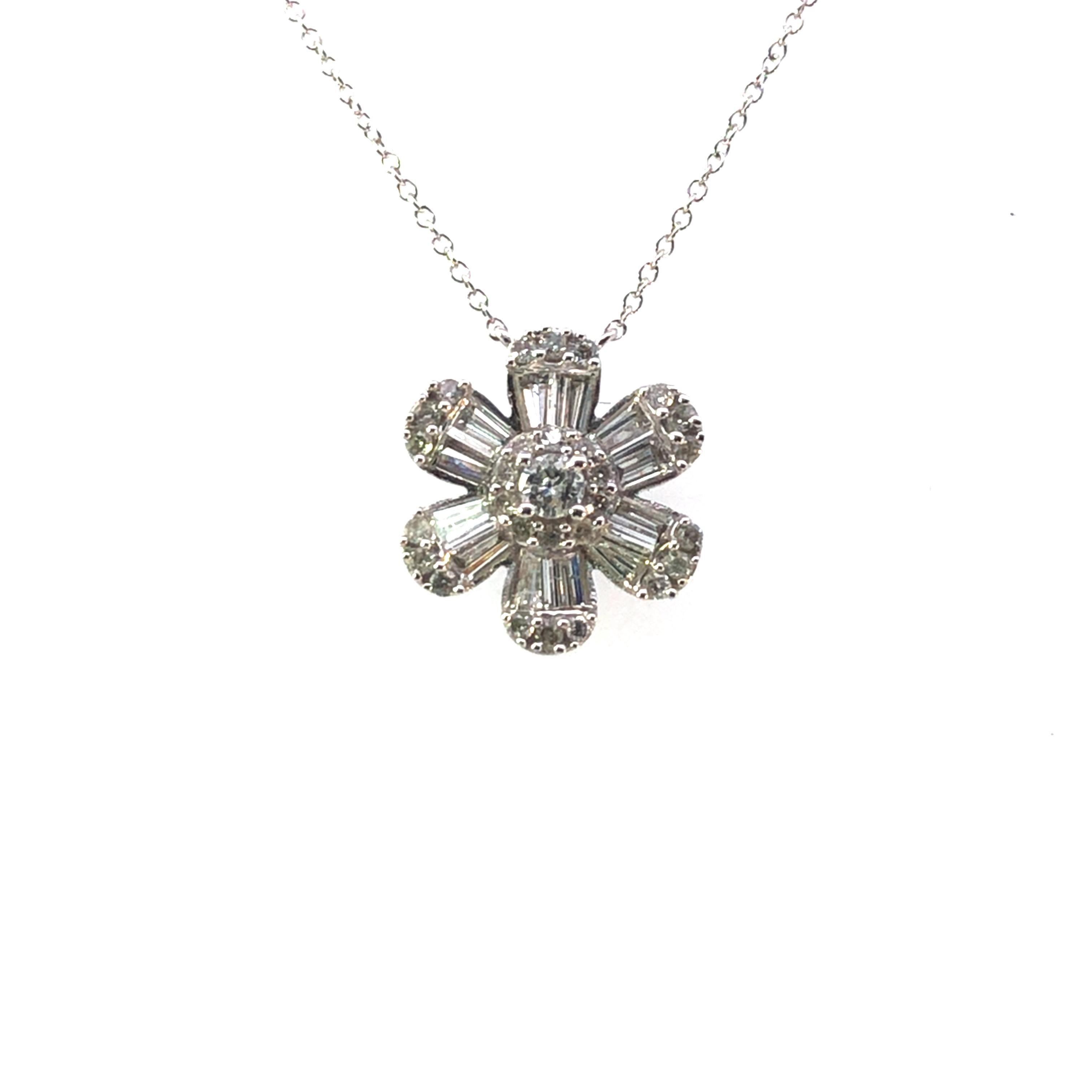 Taglio baguette Ciondolo a fiore con diamante tondo e baguette - Oro bianco 14K 0,80ct in vendita