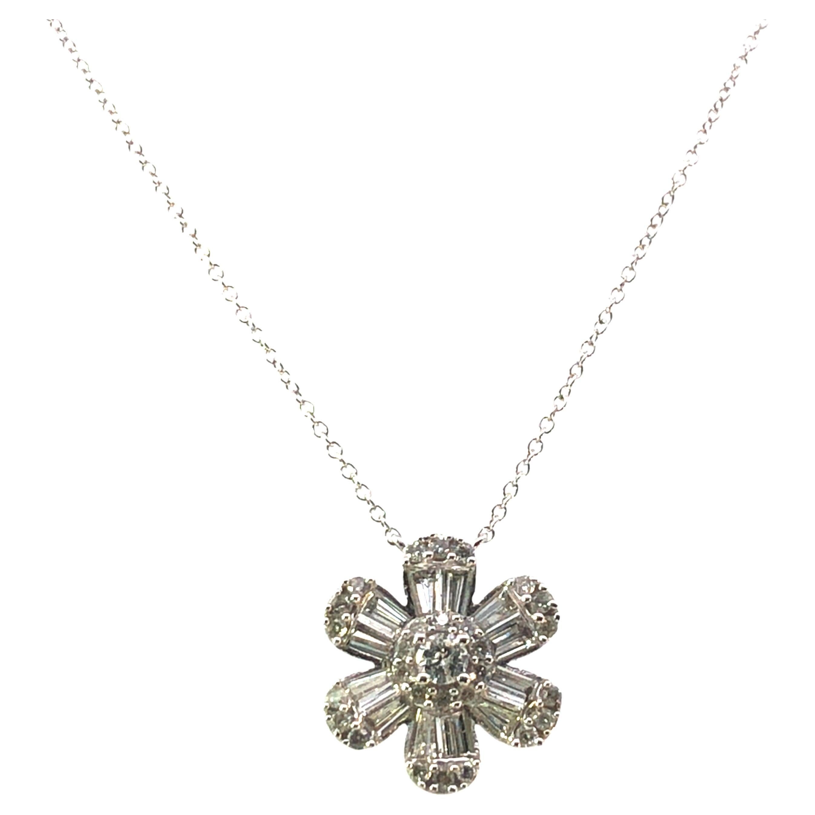 Baguette & Round Diamond Flower Pendant – 0.80ct 14K White Gold