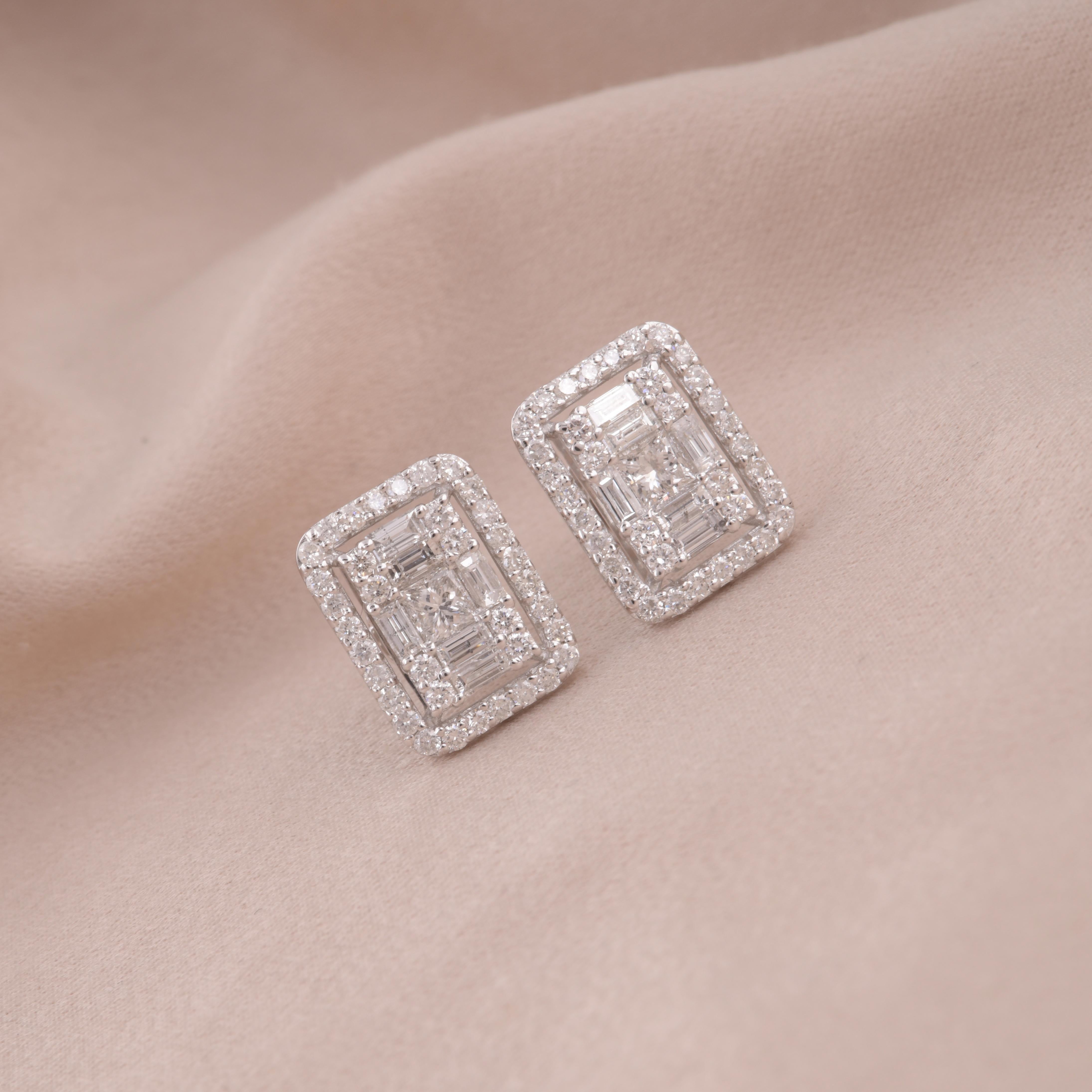 Modern Baguette Round Diamond Geometric Stud Earrings 14 Karat White Gold Fine Jewelry For Sale