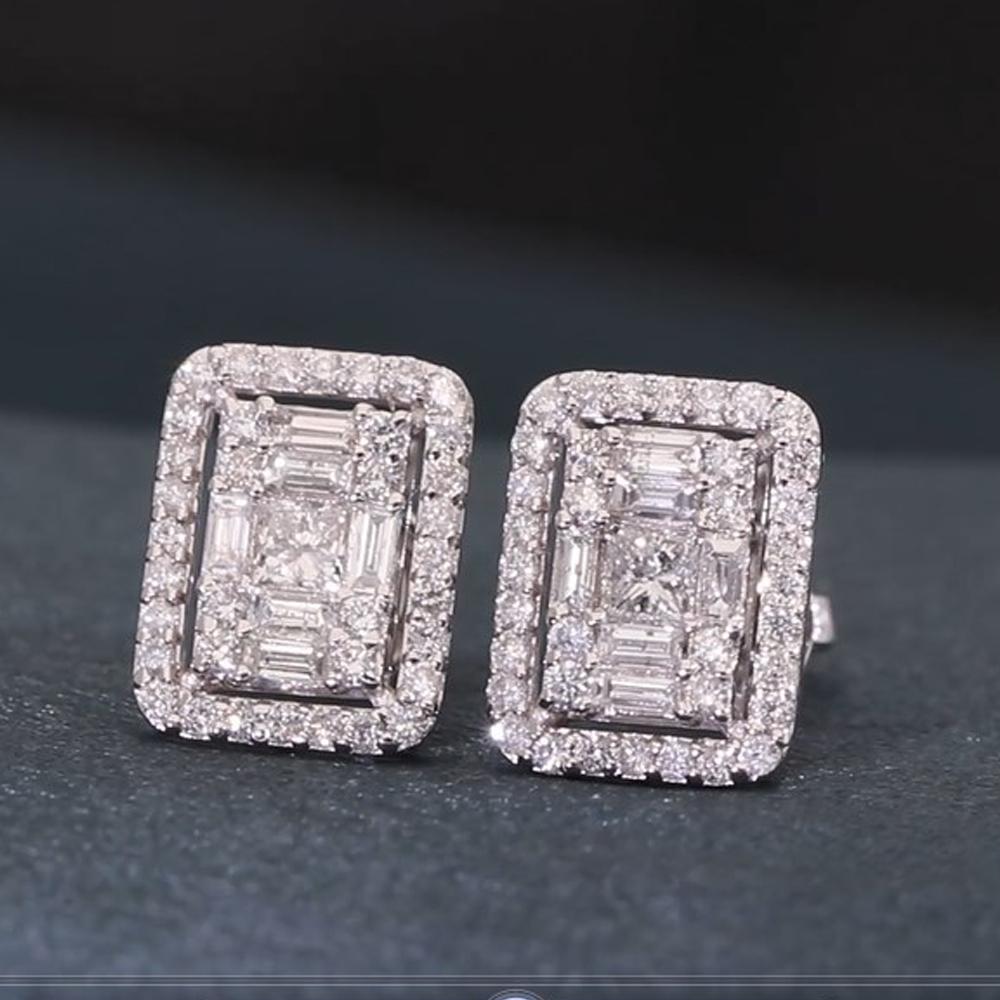 Baguette Round Diamond Geometric Stud Earrings 14 Karat White Gold Fine Jewelry In New Condition For Sale In Diera, Dubai