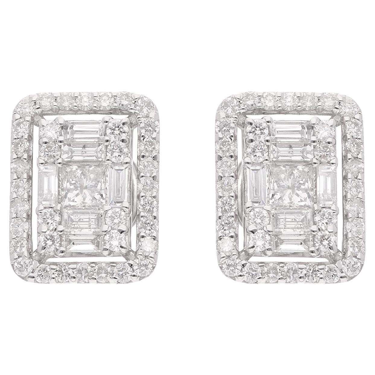 Baguette Round Diamond Geometric Stud Earrings 14 Karat White Gold Fine Jewelry
