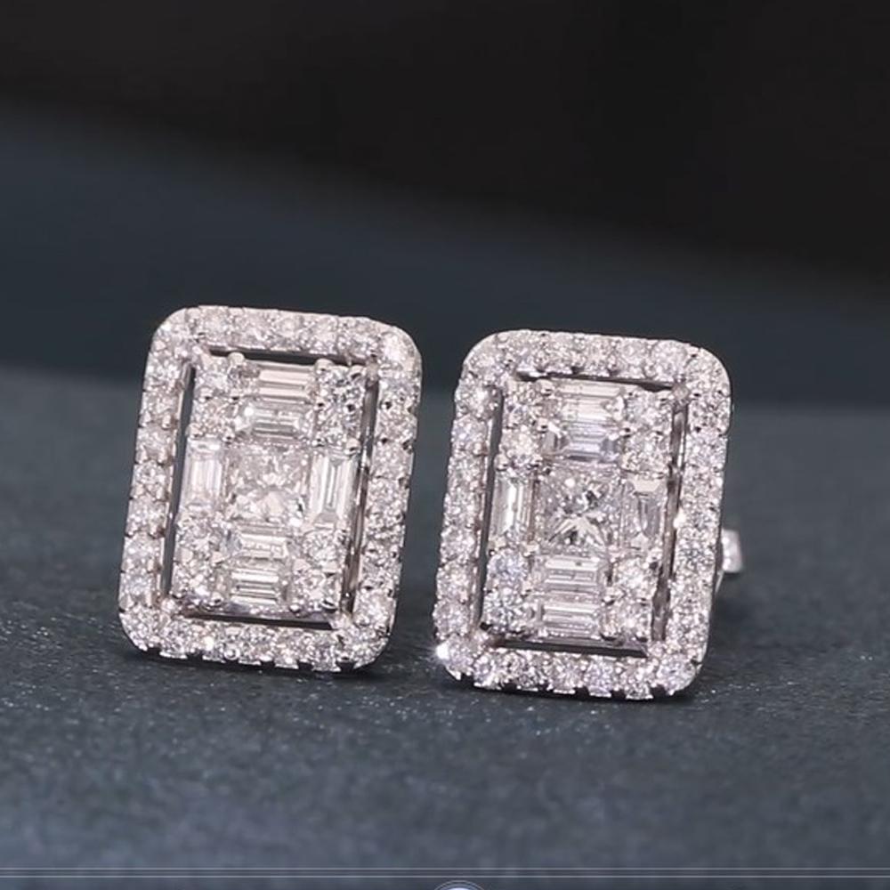 Women's Baguette Round Diamond Geometric Stud Earrings 18 Karat White Gold Fine Jewelry For Sale
