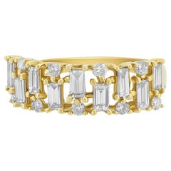 Baguette & Round Diamond Half Eternity Ring Set In 18K Solid Gold