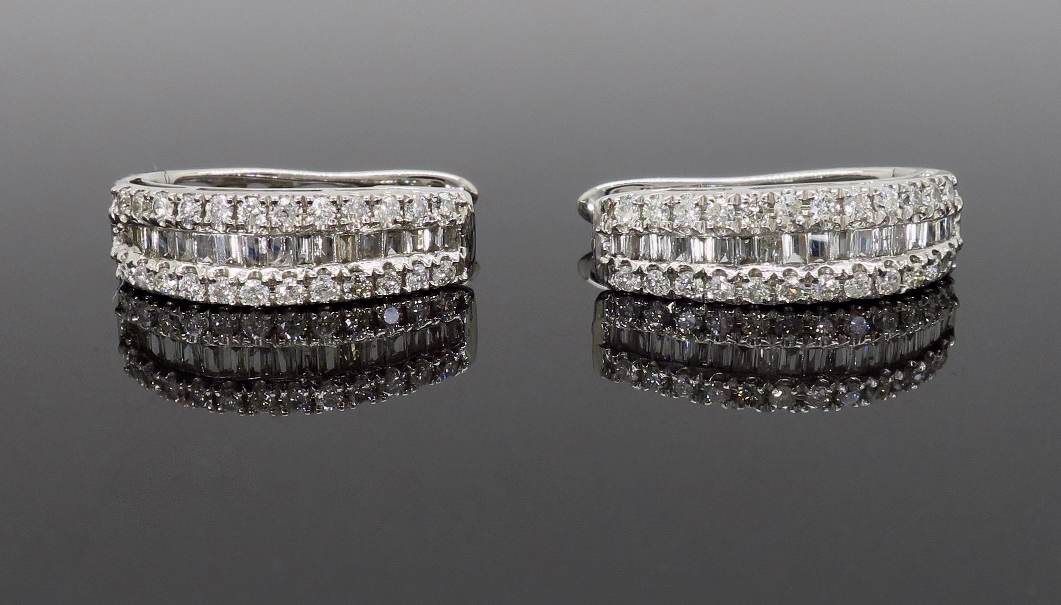 Mixed cut huggie style diamond earrings crafted in 18k white gold.

Diamond Cut: Baguette Cut and Round Brilliant Cut
Average Diamond Color: G-J
Average Diamond Clarity: VS-I
Diamond Carat Weight: Approximately .50CTW
Metal: 18K White