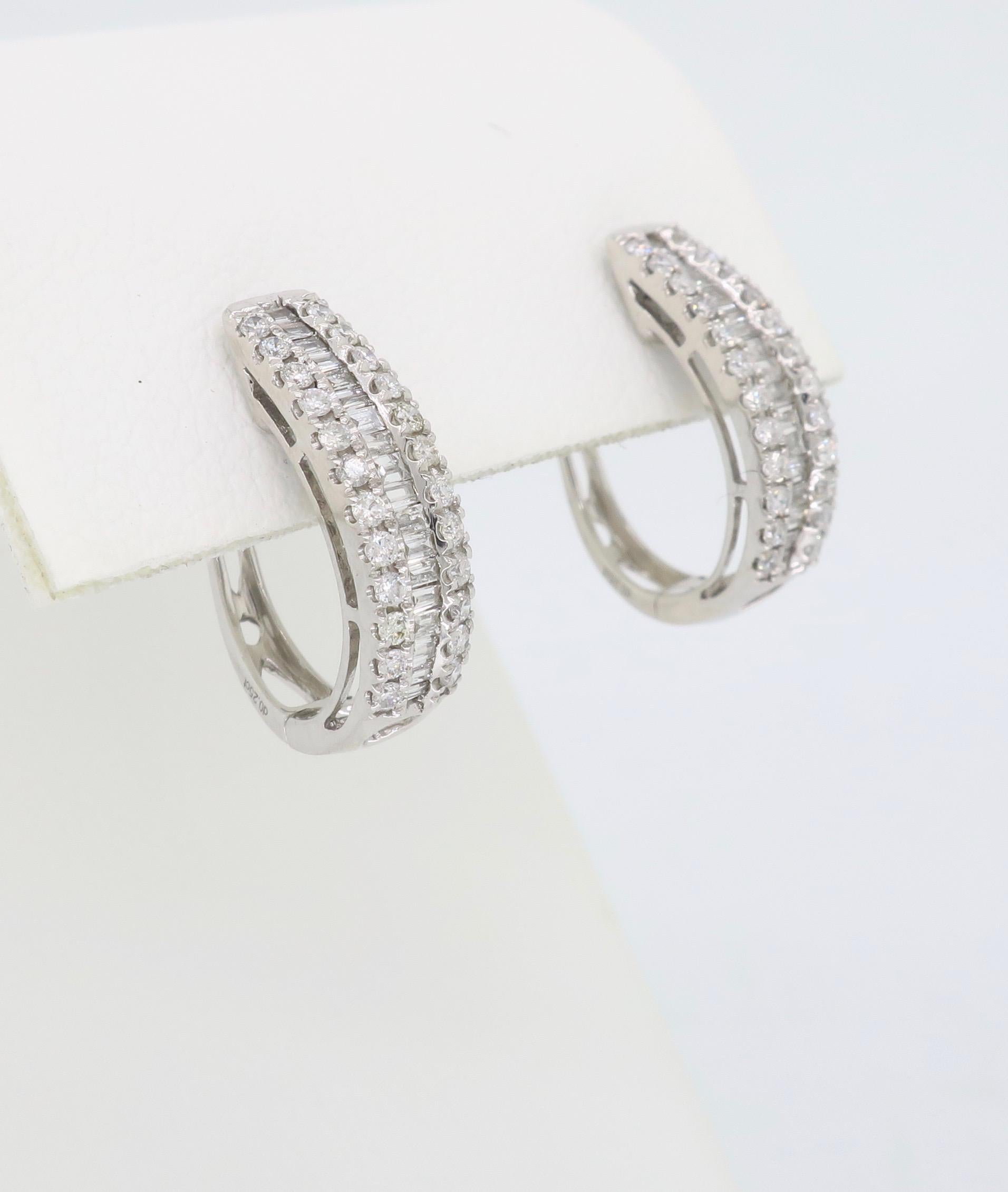 Baguette and Round Diamond Huggie Style Hoop Earrings In New Condition In Webster, NY