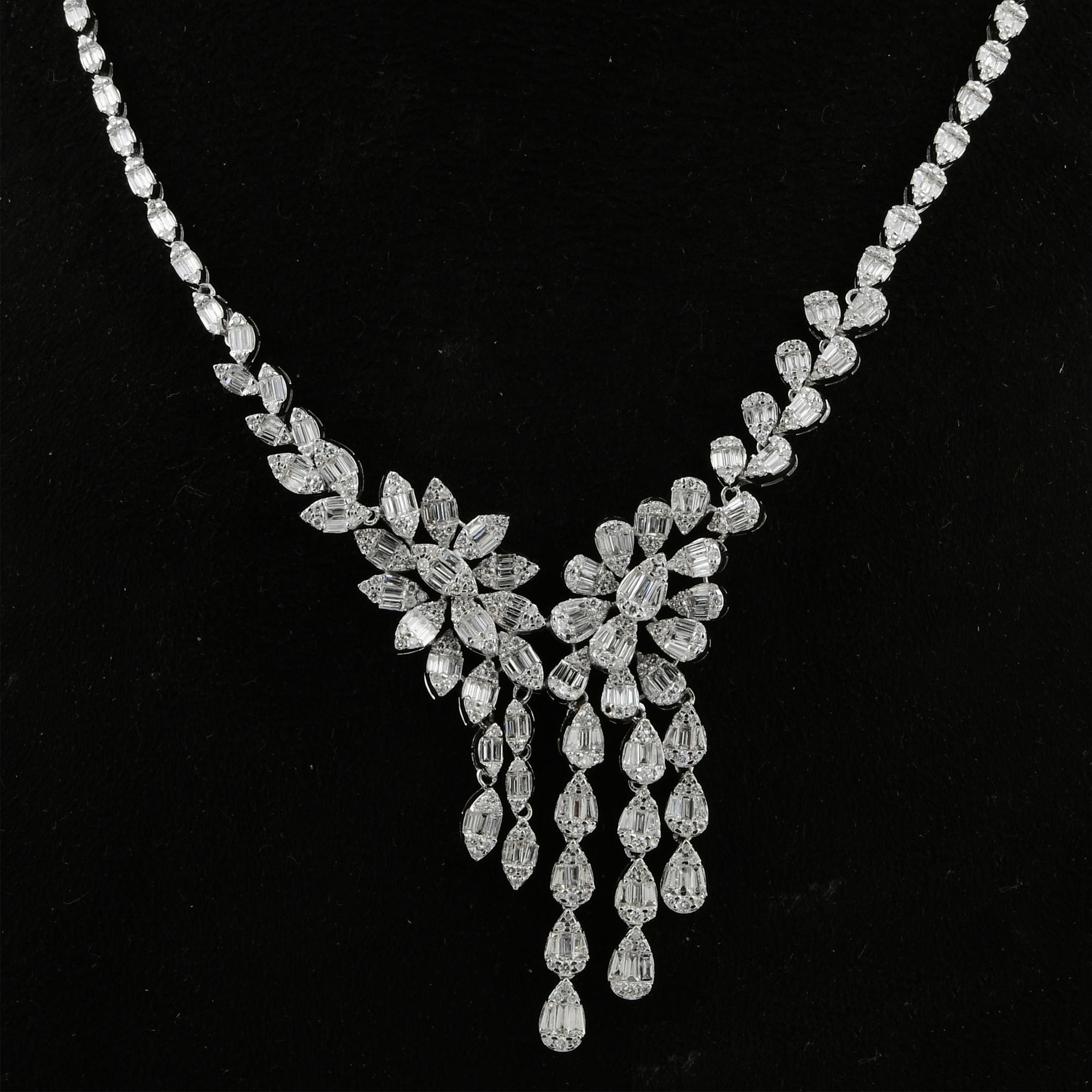 Modern Baguette & Round Diamond Necklace 18 Karat White Gold Handmade Jewelry For Sale